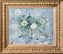 Bold Folk Art Modernist Floral Bouquet Oil Painting Flowers in Vase Gilt Frame