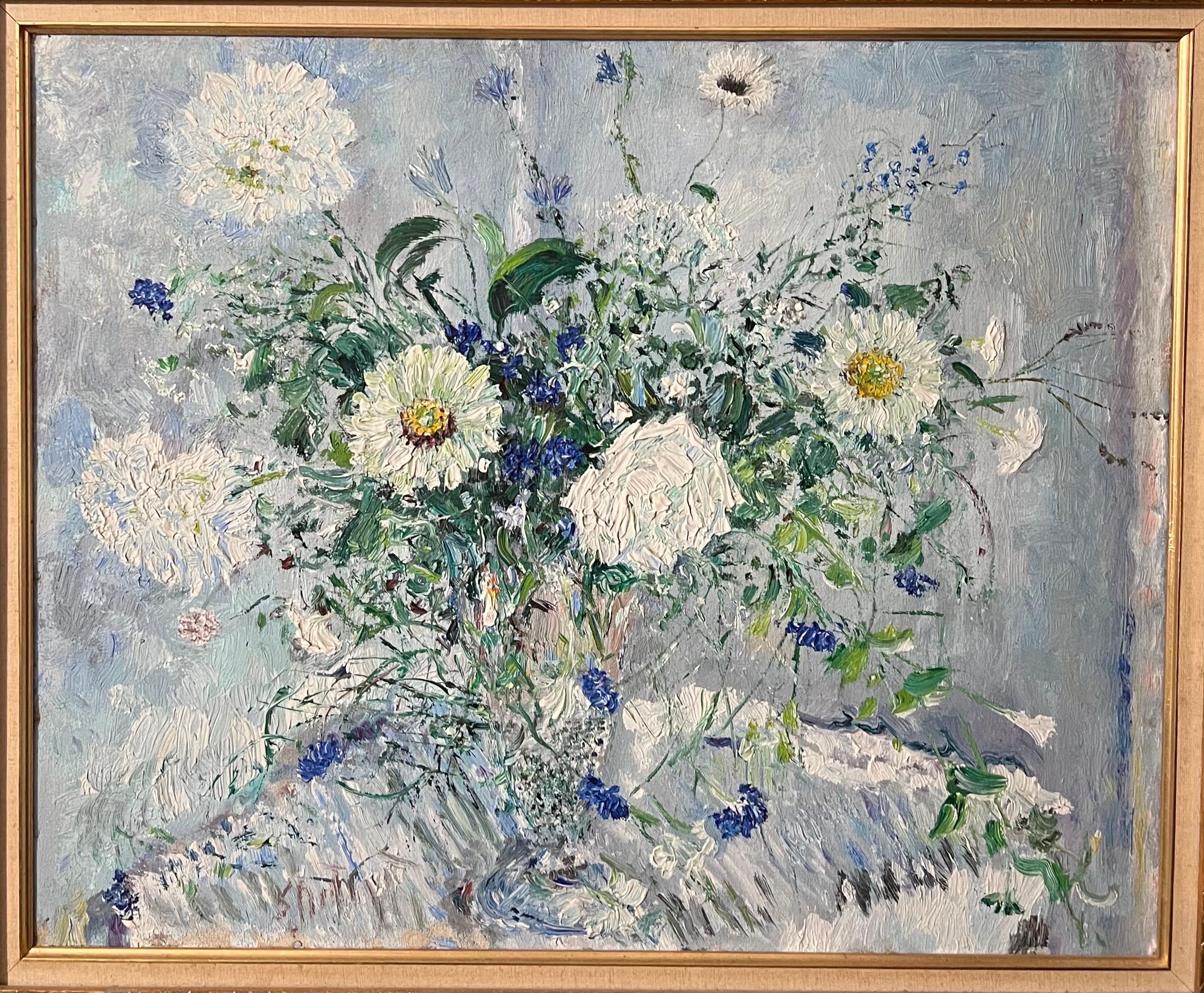 Bold Folk Art Modernist Floral Bouquet Oil Painting Flowers in Vase Gilt Frame For Sale 1