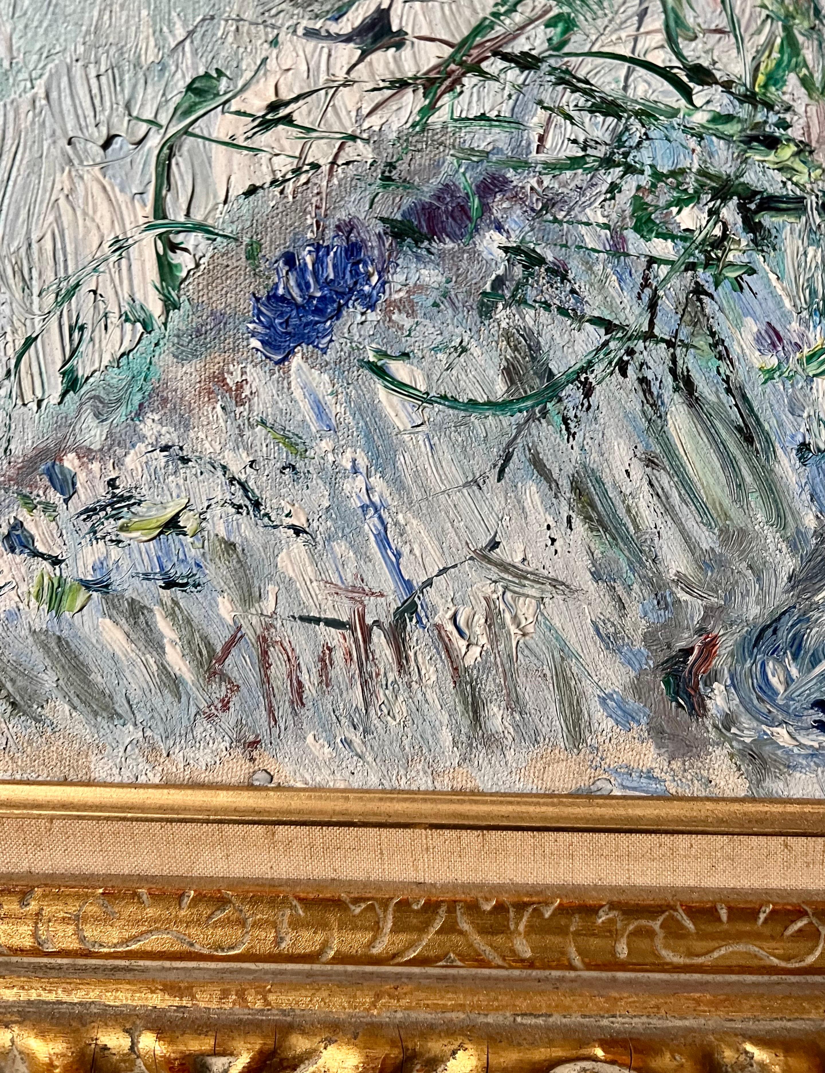 Bold Folk Art Modernist Floral Bouquet Oil Painting Flowers in Vase Gilt Frame For Sale 3