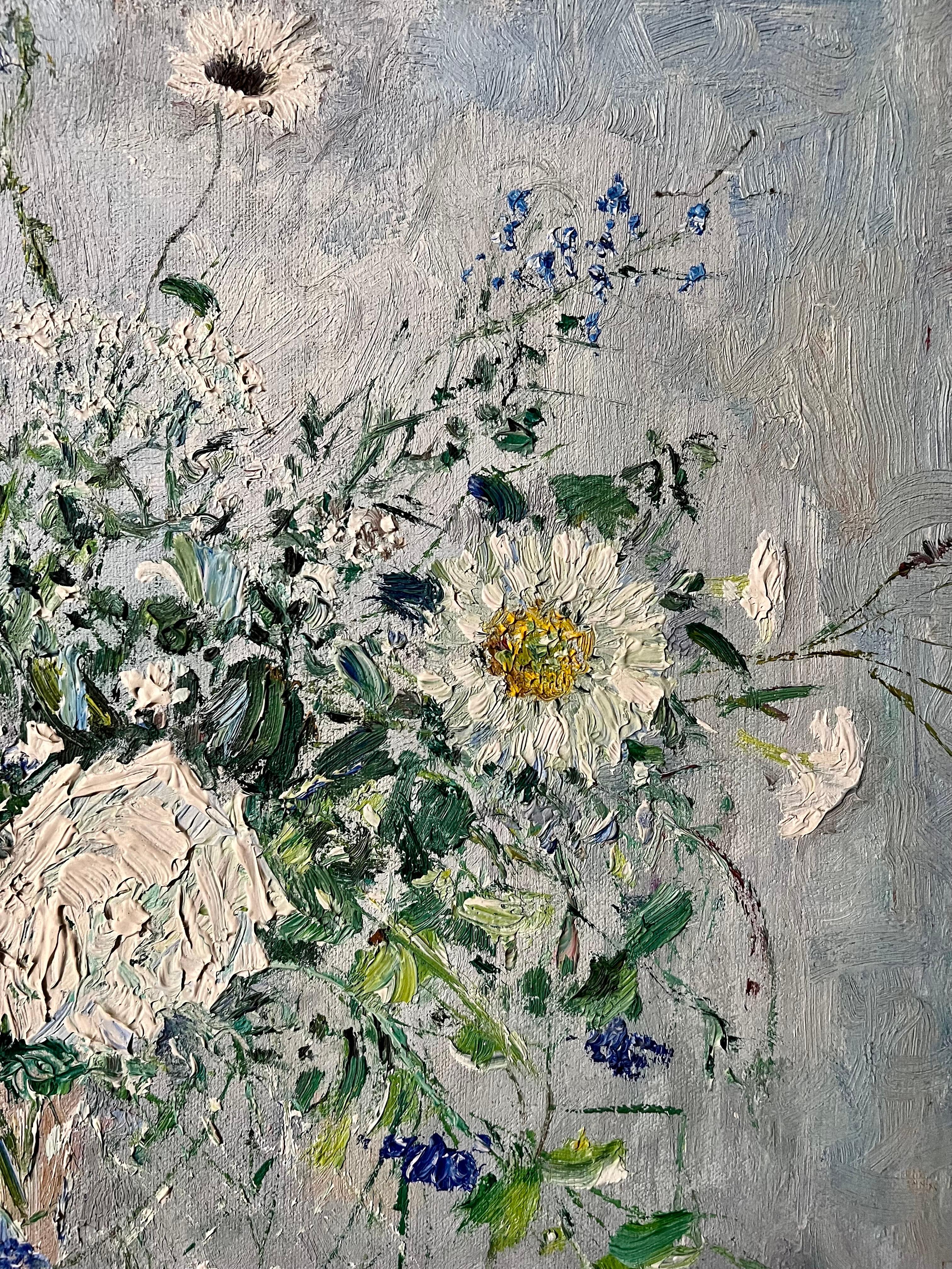 Bold Folk Art Modernist Floral Bouquet Oil Painting Flowers in Vase Gilt Frame For Sale 4