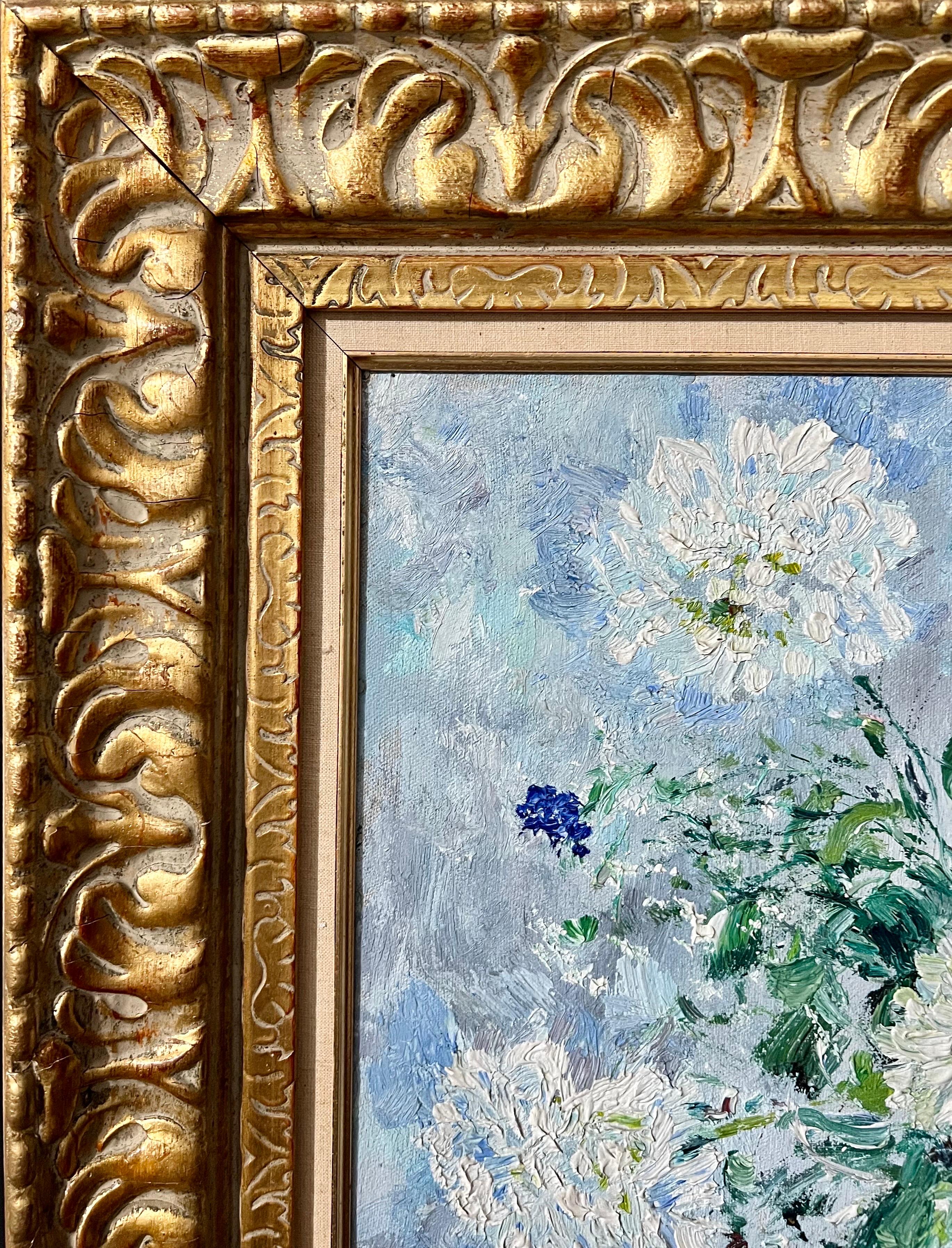 Bold Folk Art Modernist Floral Bouquet Oil Painting Flowers in Vase Gilt Frame For Sale 3