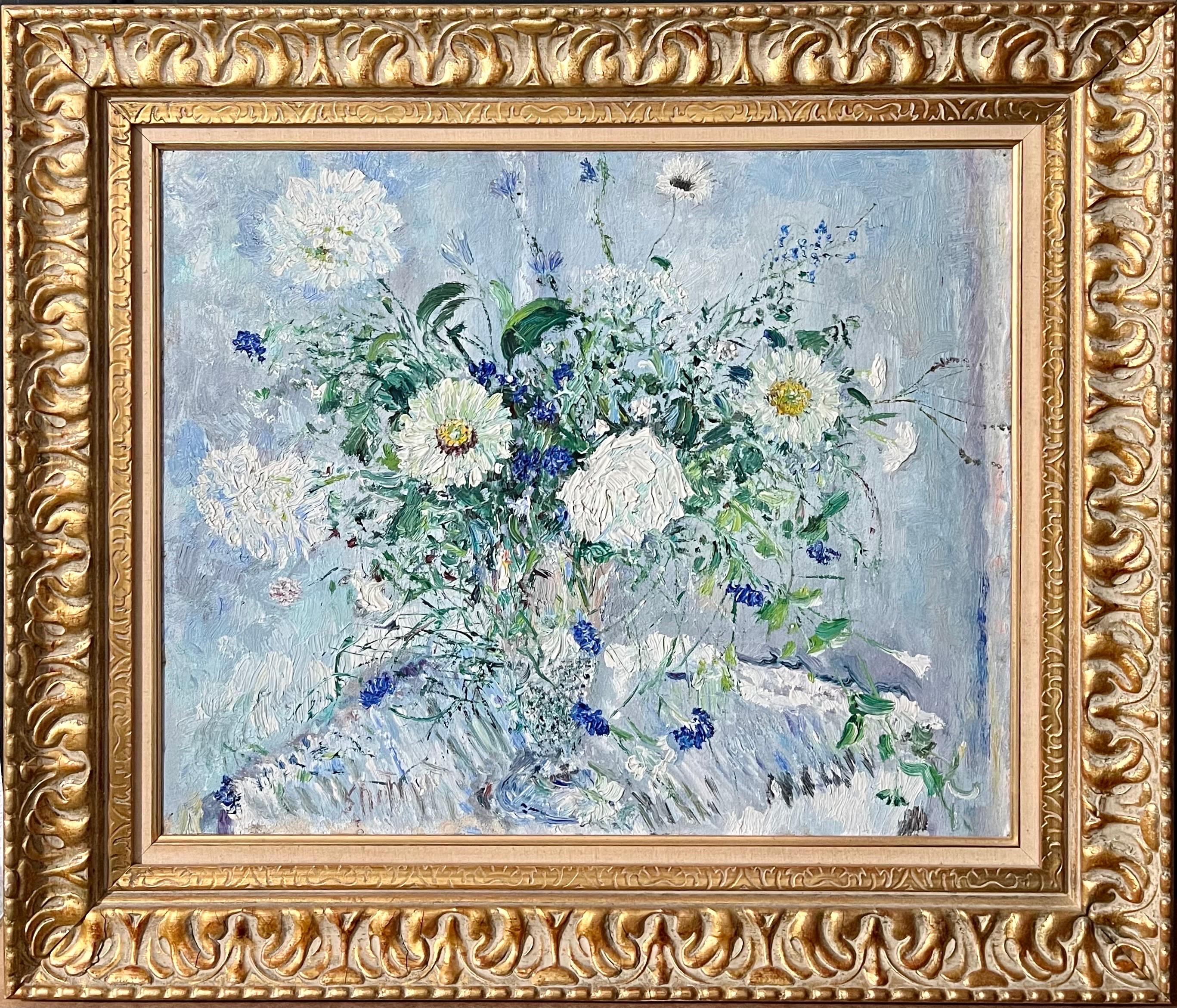 Bold Folk Art Modernist Floral Bouquet Oil Painting Flowers in Vase Gilt Frame