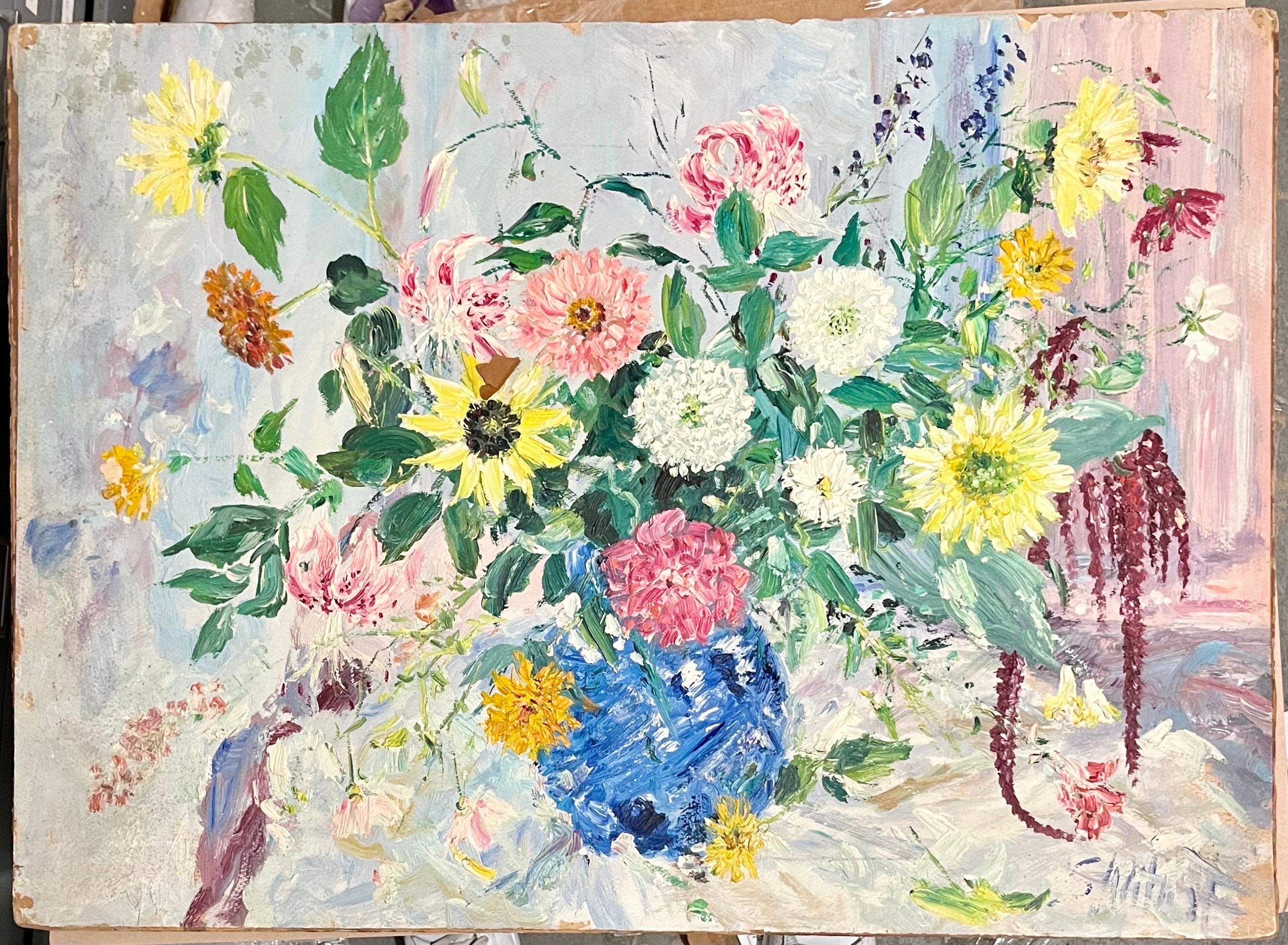 Large Bold Modernist Floral Bouquet Impasto Oil Painting Flowers Samuel Rothbort For Sale 1