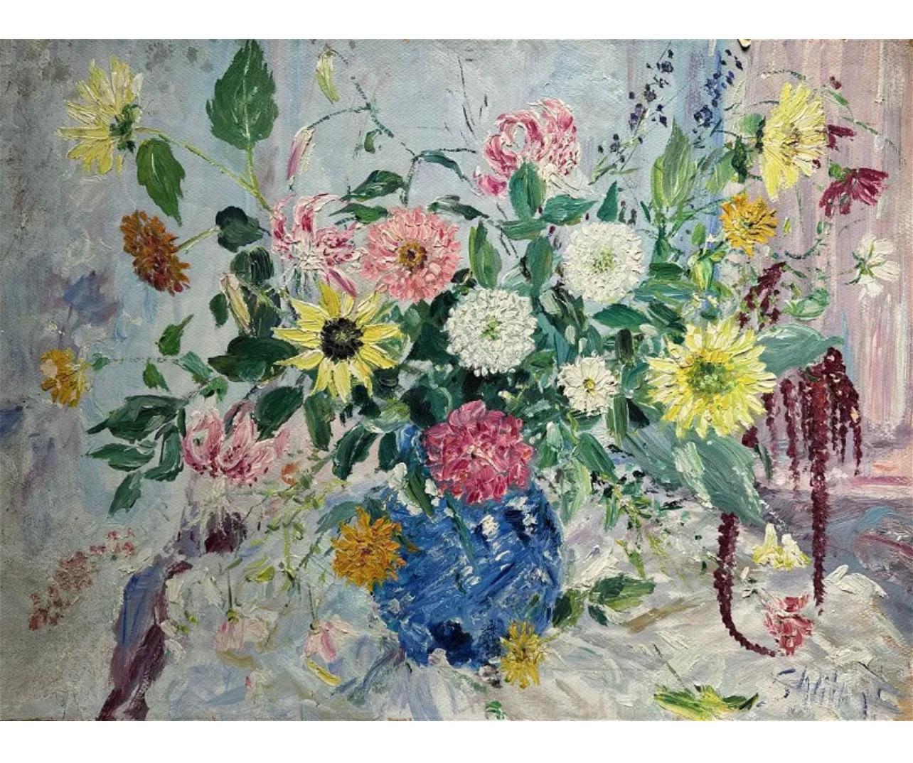 Large Bold Modernist Floral Bouquet Impasto Oil Painting Flowers Samuel Rothbort For Sale 2