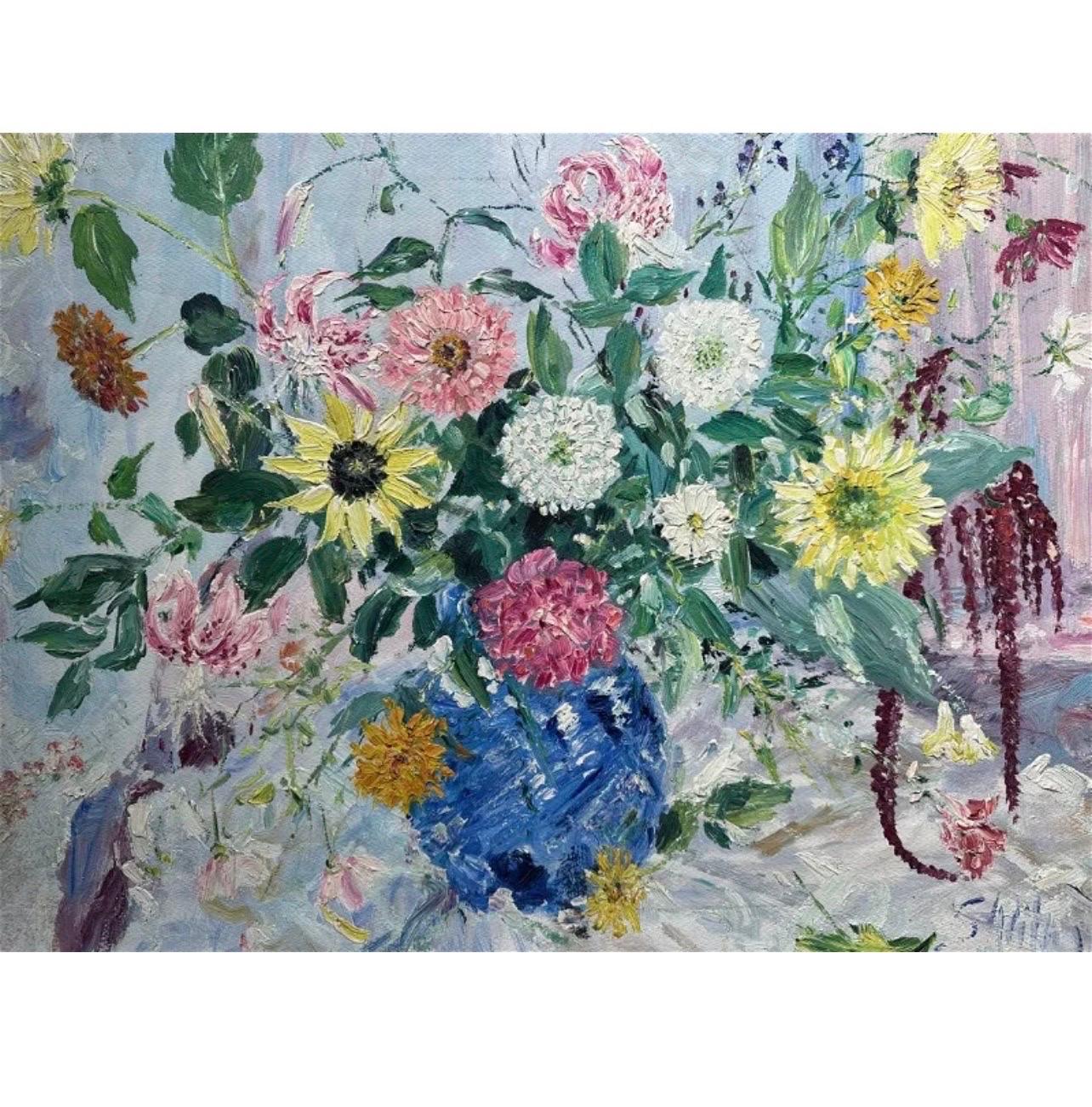 Large Bold Modernist Floral Bouquet Impasto Oil Painting Flowers Samuel Rothbort For Sale 3