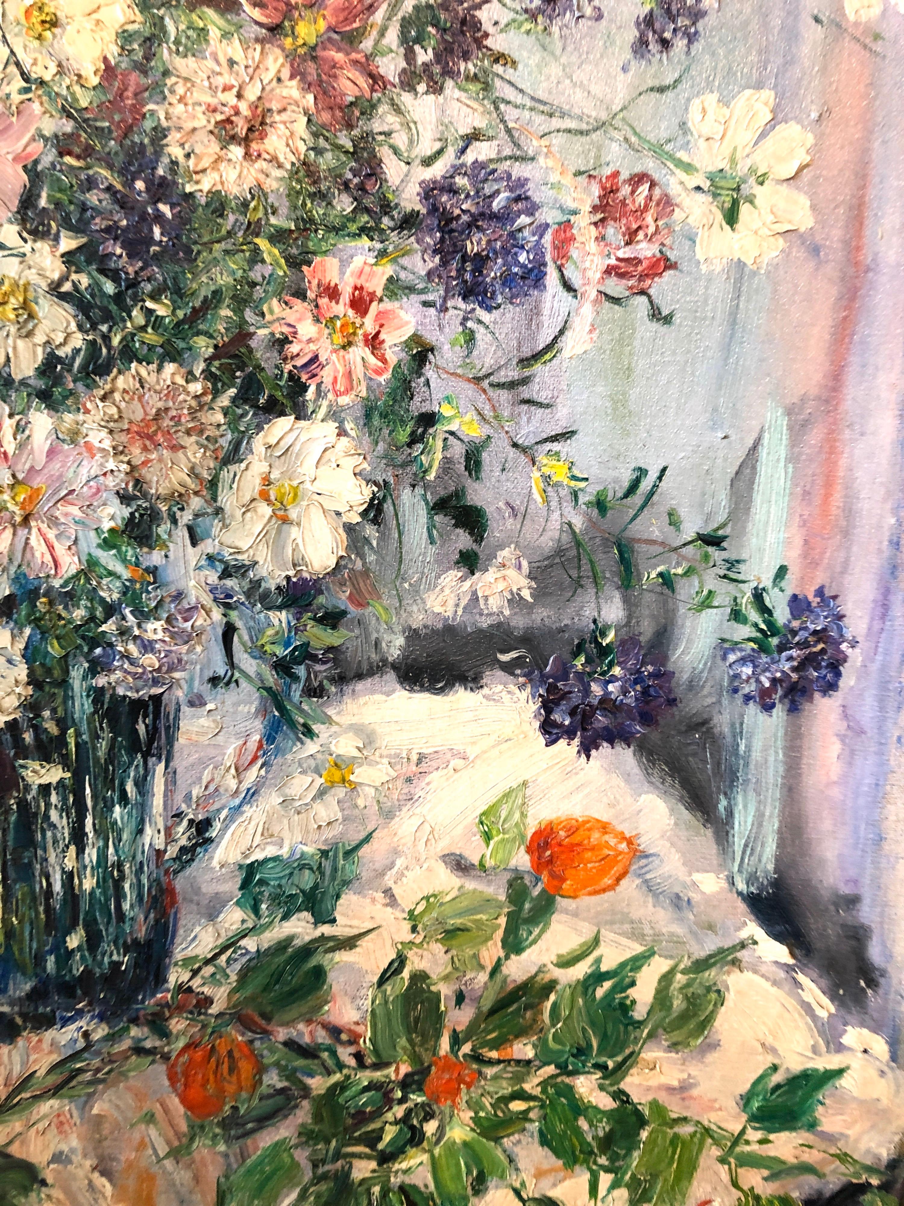 Large Folk Art Modernist Floral Bouquet Oil Painting Flowers in Vase Gilt Frame 4