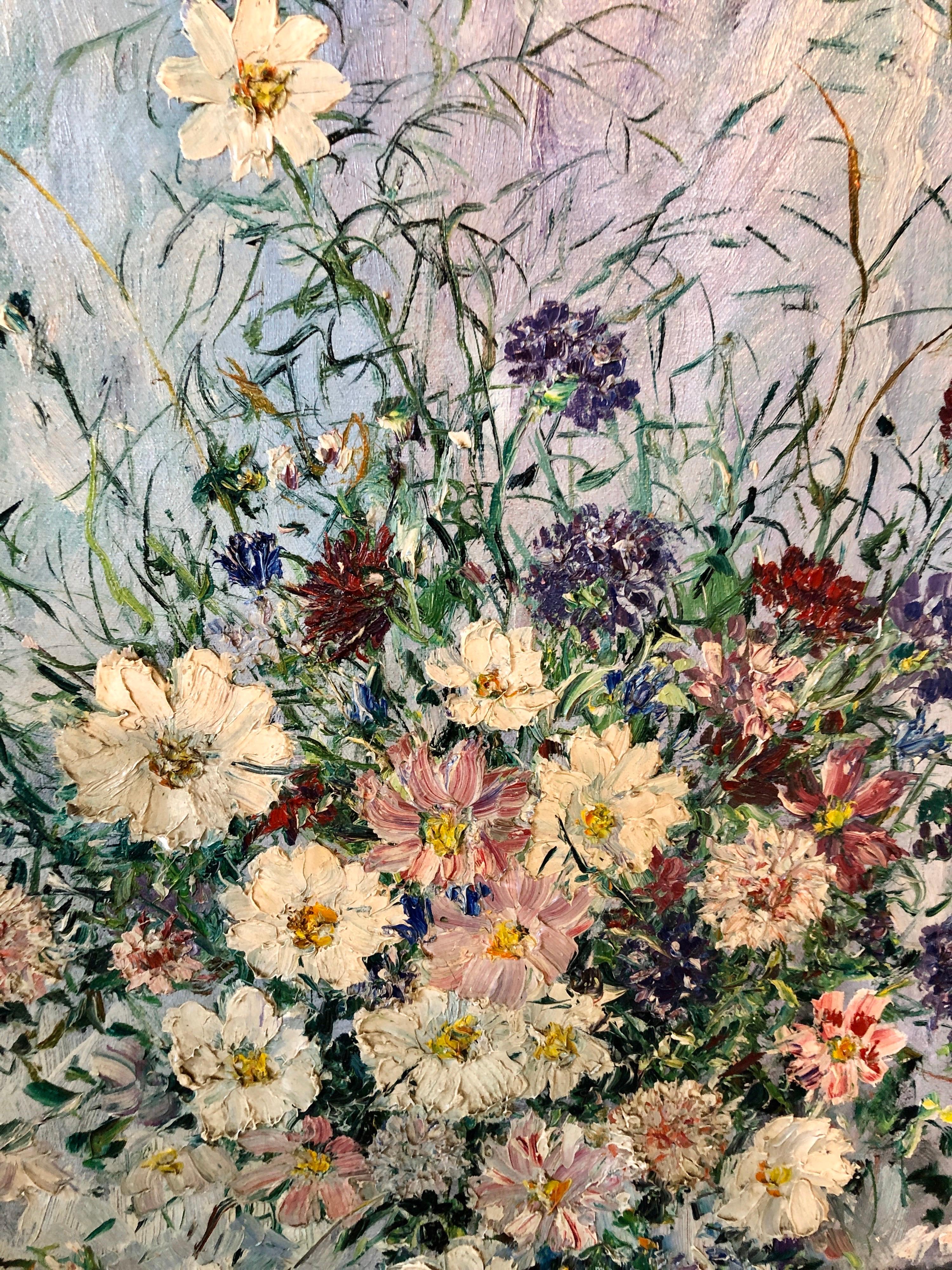 Large Folk Art Modernist Floral Bouquet Oil Painting Flowers in Vase Gilt Frame 5