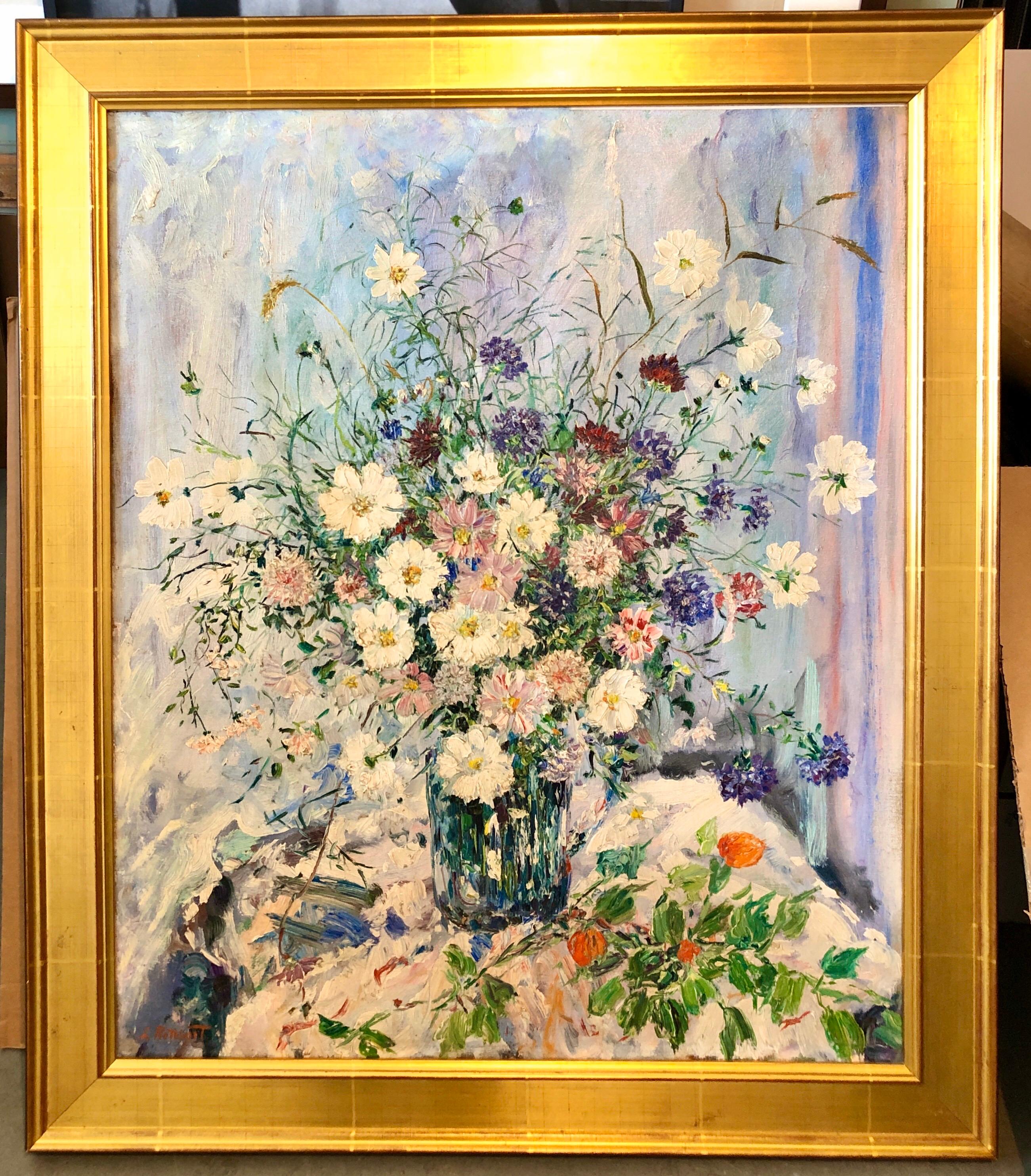 Large Folk Art Modernist Floral Bouquet Oil Painting Flowers in Vase Gilt Frame 6