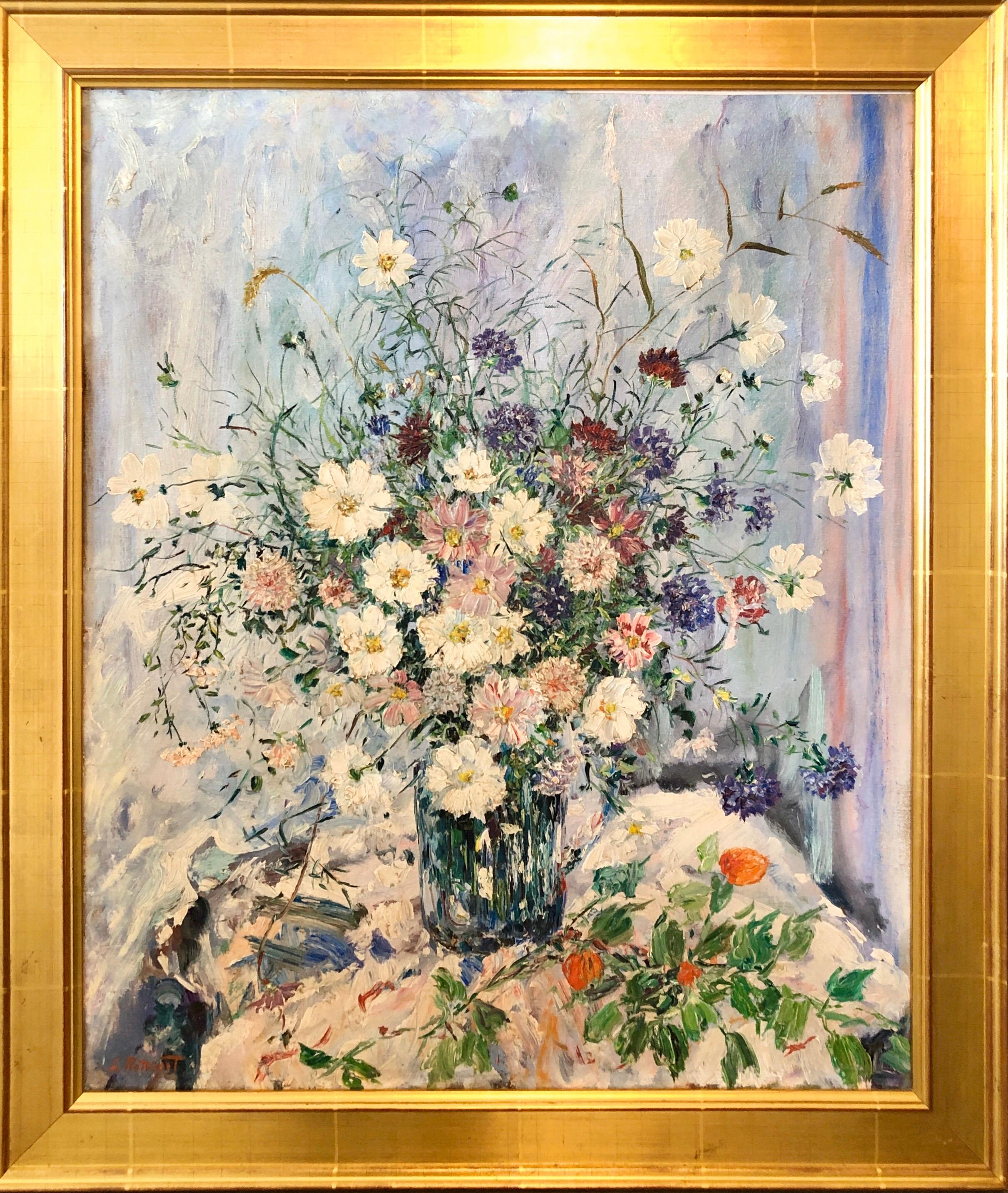 Samuel Rothbort Still-Life Painting - Large Folk Art Modernist Floral Bouquet Oil Painting Flowers in Vase Gilt Frame