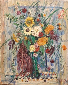 Grande peinture à l'huile moderniste de fleurs dans un vase en forme de bouquet de fleurs en pâte