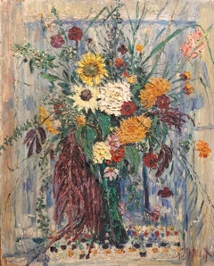 Grande peinture à l'huile moderniste de fleurs dans un vase en forme de bouquet de fleurs en pâte de verre