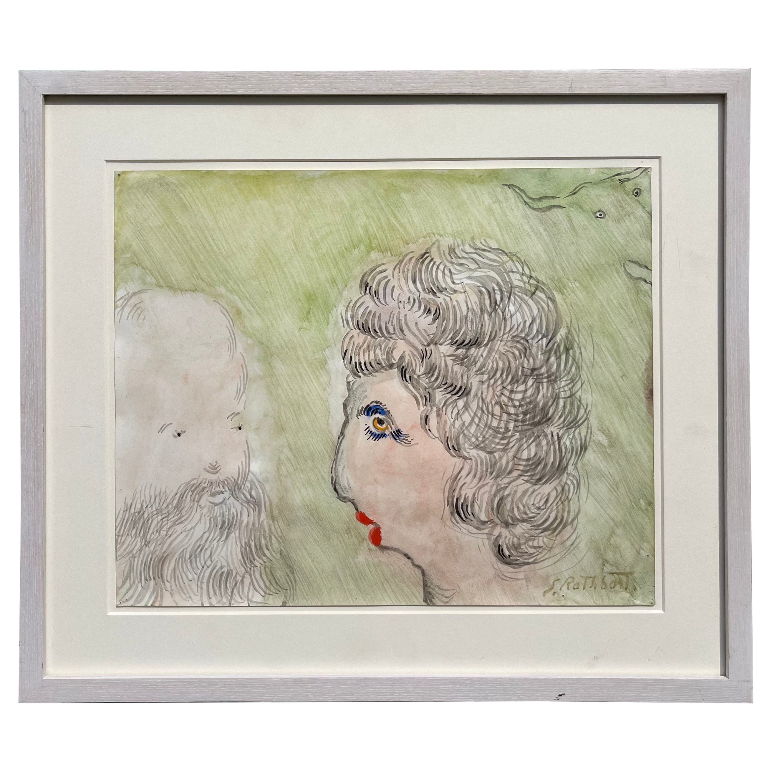 Samuel Rothbort, 1882-1971, "Frau mit roten Lippen" Aquarellpapiergemälde im Angebot