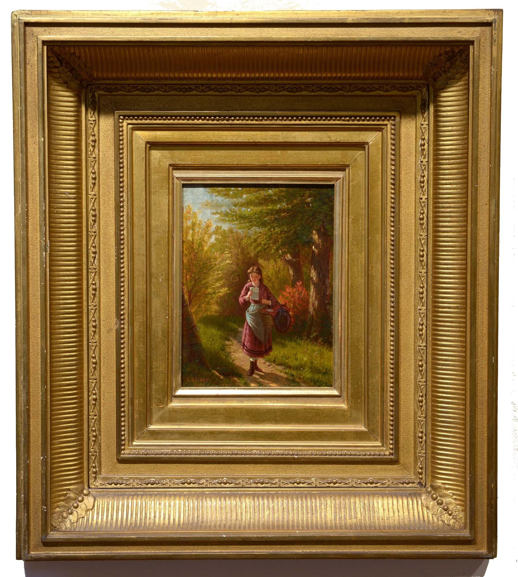 The Letter, late 19th c, American, Realism, oil on panel, figural, the forest - Painting by Samuel S. Carr