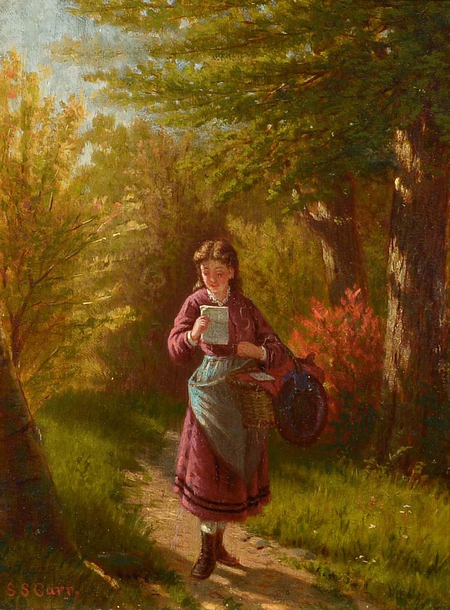 The Letter, late 19th c, American, Realism, oil on panel, figural, the forest