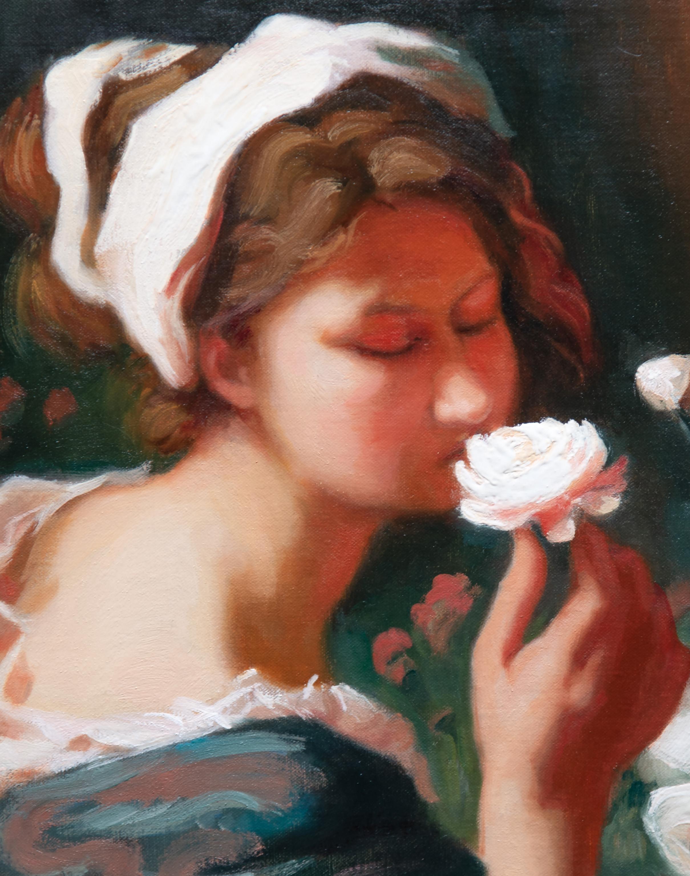 White Roses  Oil   Florence Academy   Oil   The Enchanting Fragrance of Roses - Painting by Samuel S. Hoskins
