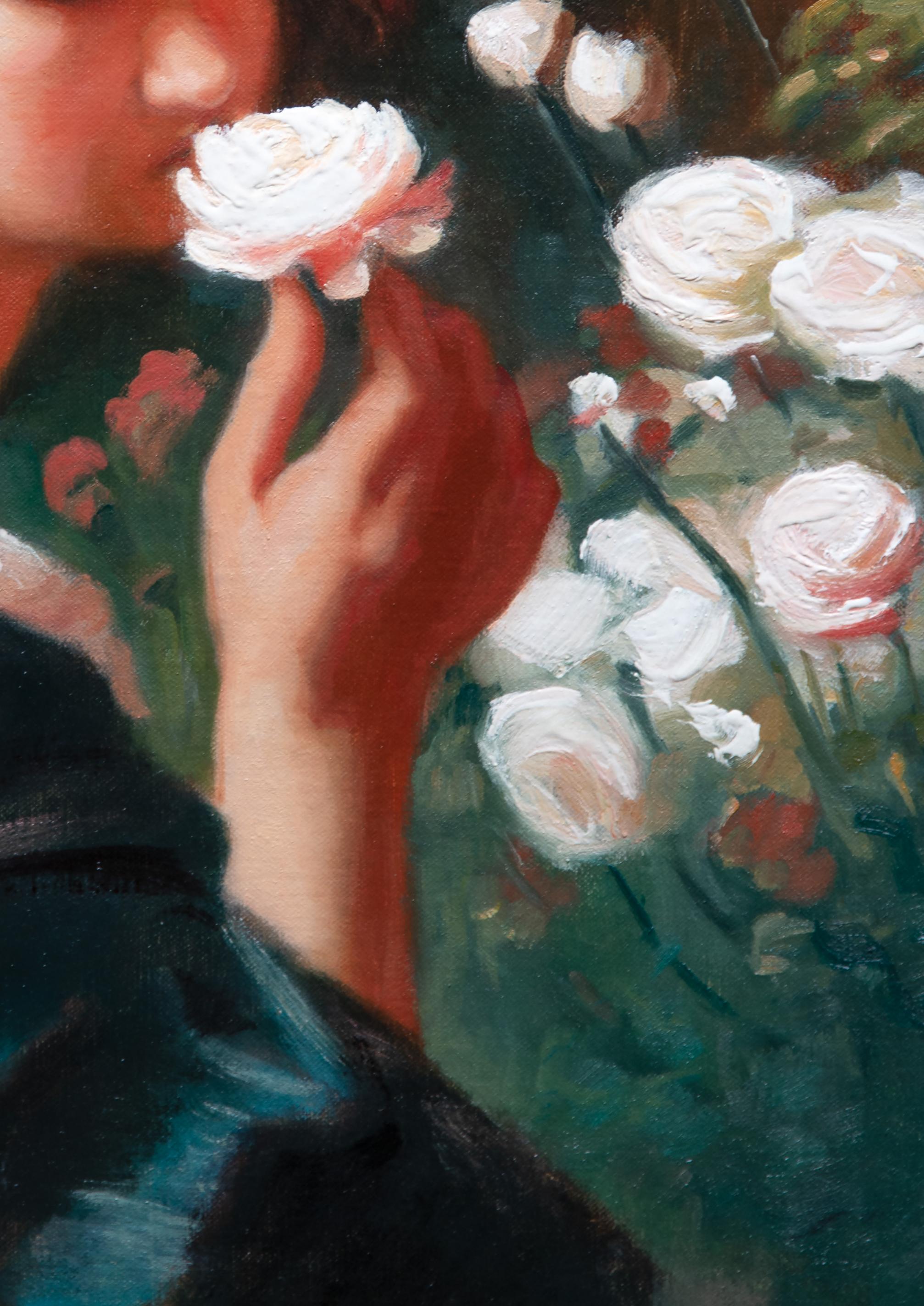 Weiße Rosen  Öl   Akademie Florenz   Öl   The Enchanting Fragrance of Roses (Realismus), Painting, von Samuel S. Hoskins