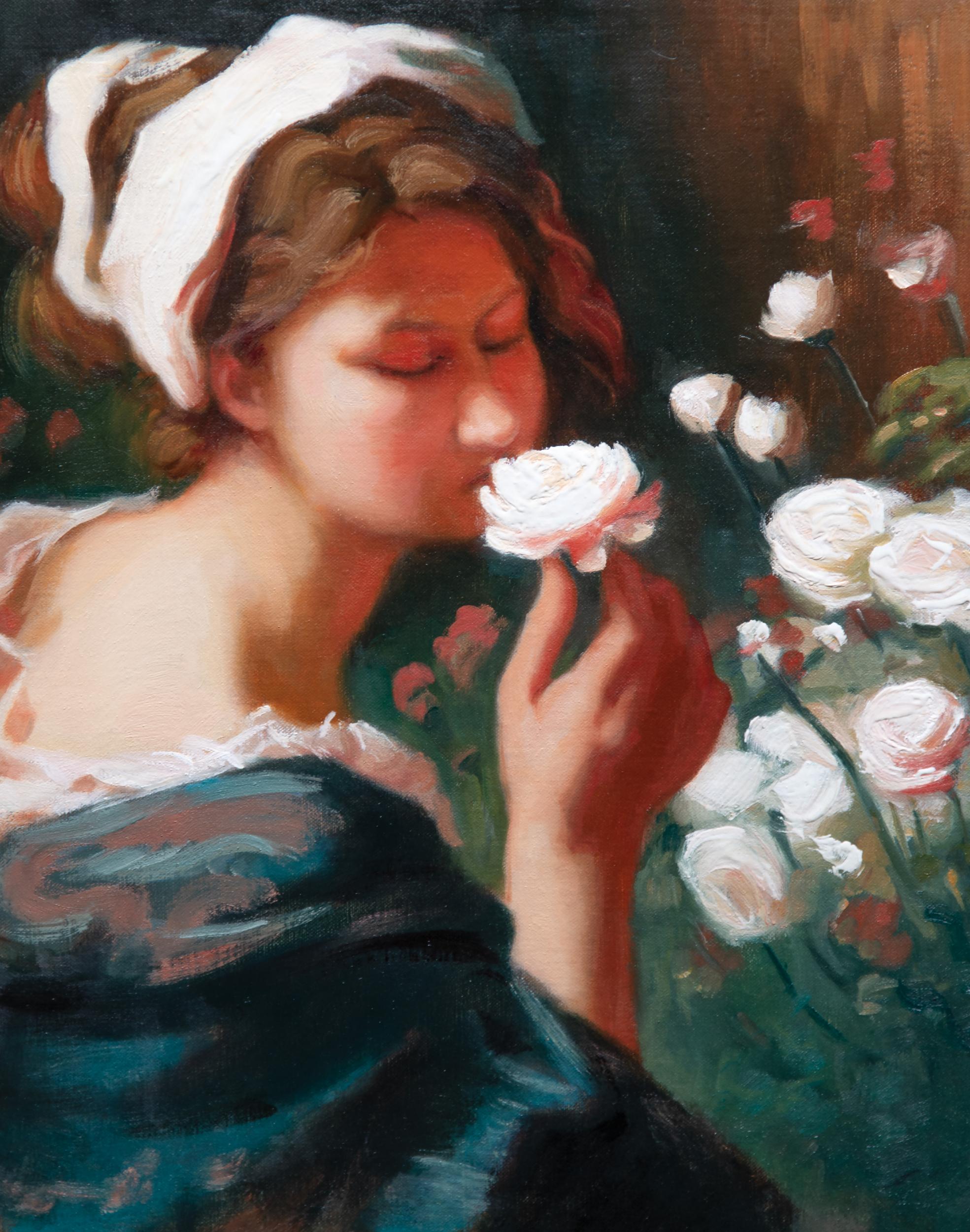 Samuel S. Hoskins Figurative Painting - White Roses  Oil   Florence Academy   Oil   The Enchanting Fragrance of Roses