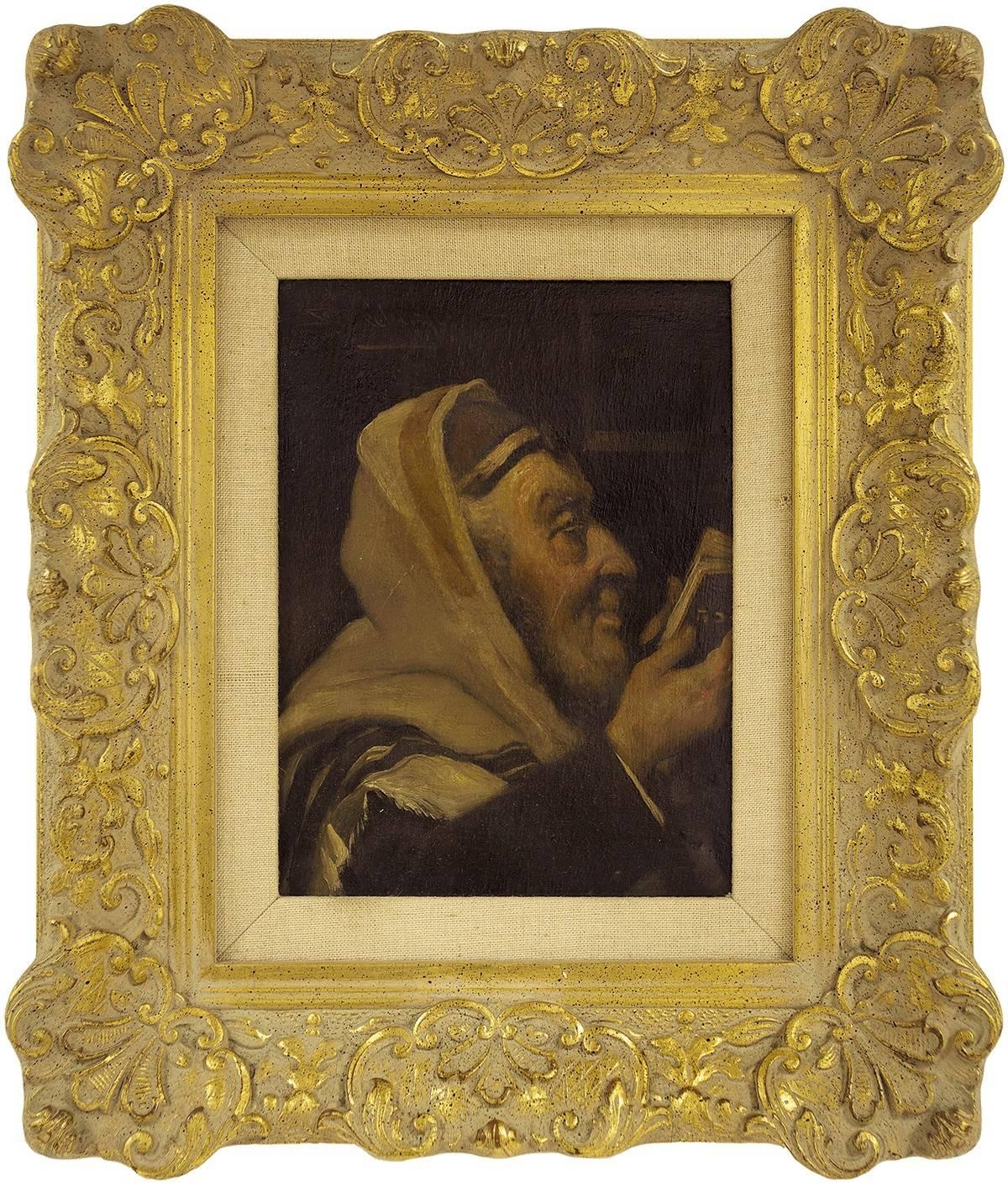 En prière, début du 20e siècle, peinture à l'huile de portrait de lapin judaïque