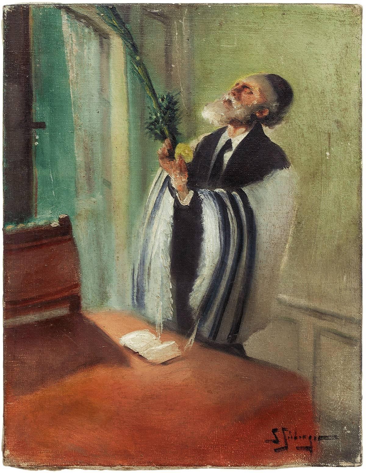 Samuel Seeberger Figurative Painting - Lulav and Etrog Benediction, Judaica Oil Painting, Early 20th Century