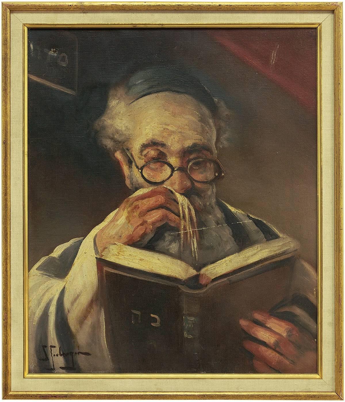 Samuel Seeberger Figurative Painting - Rabbi In Prayer (the Shema) Oil Painting
