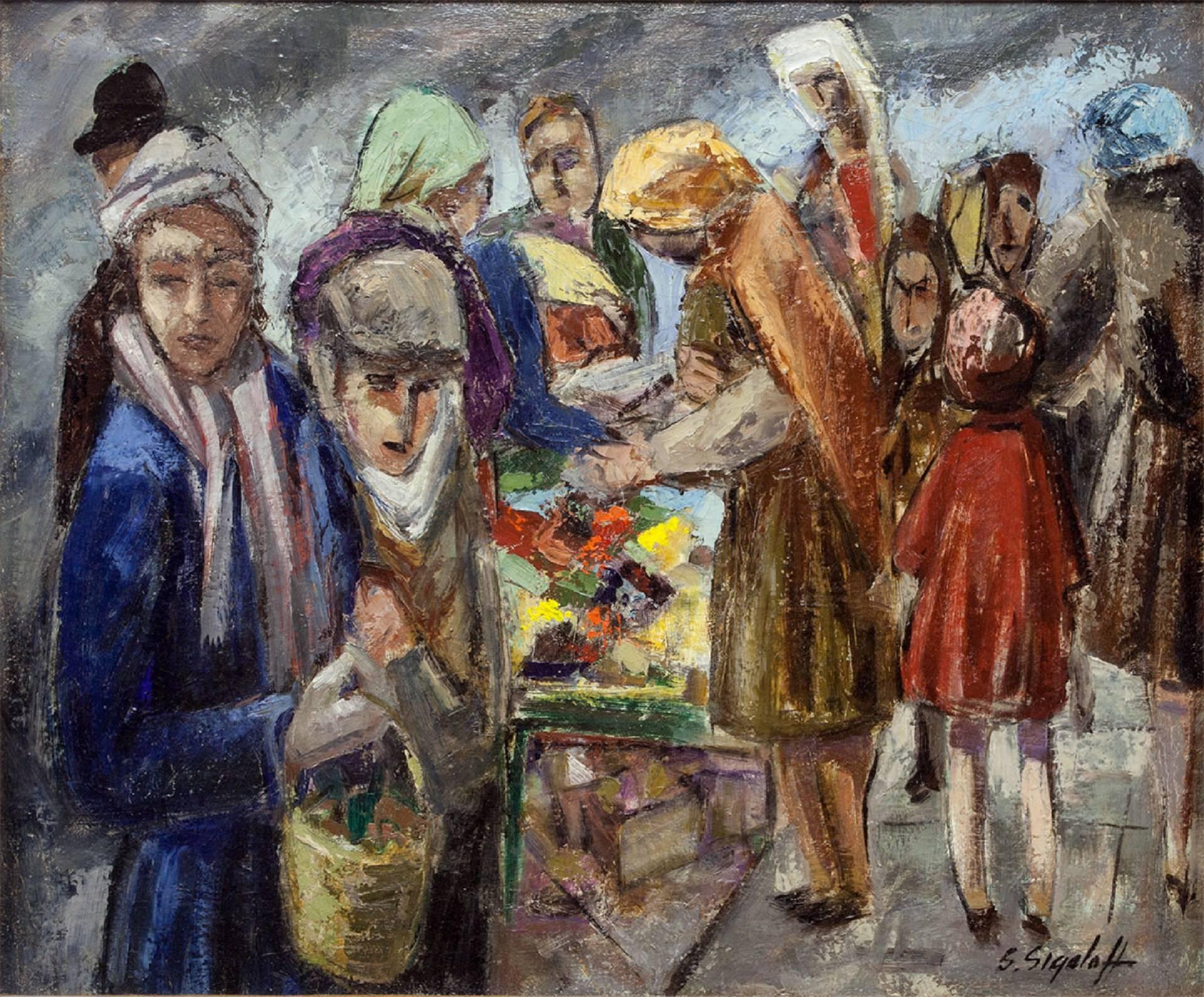Jewish Peddlers on Market Day Modernist Judaica OIl Painting Cubist Abstraction - Brown Figurative Painting by Samuel Sigaloff