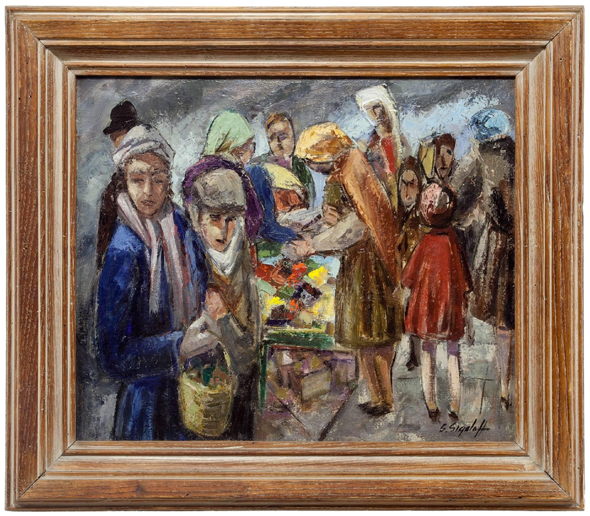 Samuel Sigaloff Figurative Painting - Jewish Peddlers on Market Day Modernist Judaica OIl Painting Cubist Abstraction