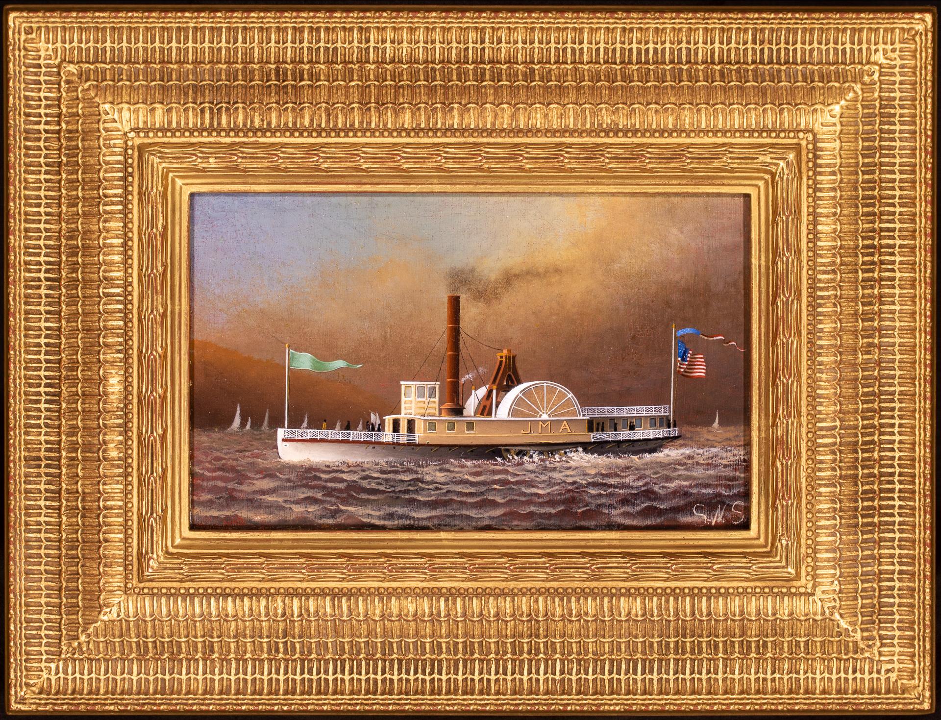 Le chariot à vapeur à roues latérales du fleuve Hudson J.M.A. - Autres styles artistiques Painting par Samuel Ward Stanton