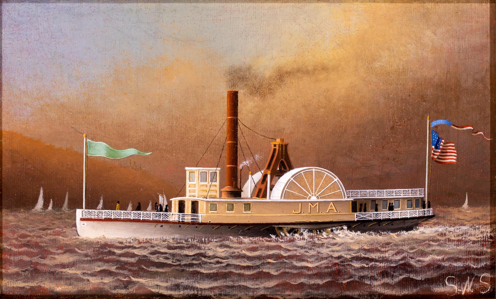 The Hudson River Sidewheel Steamer J.M.A. - Painting by Samuel Ward Stanton