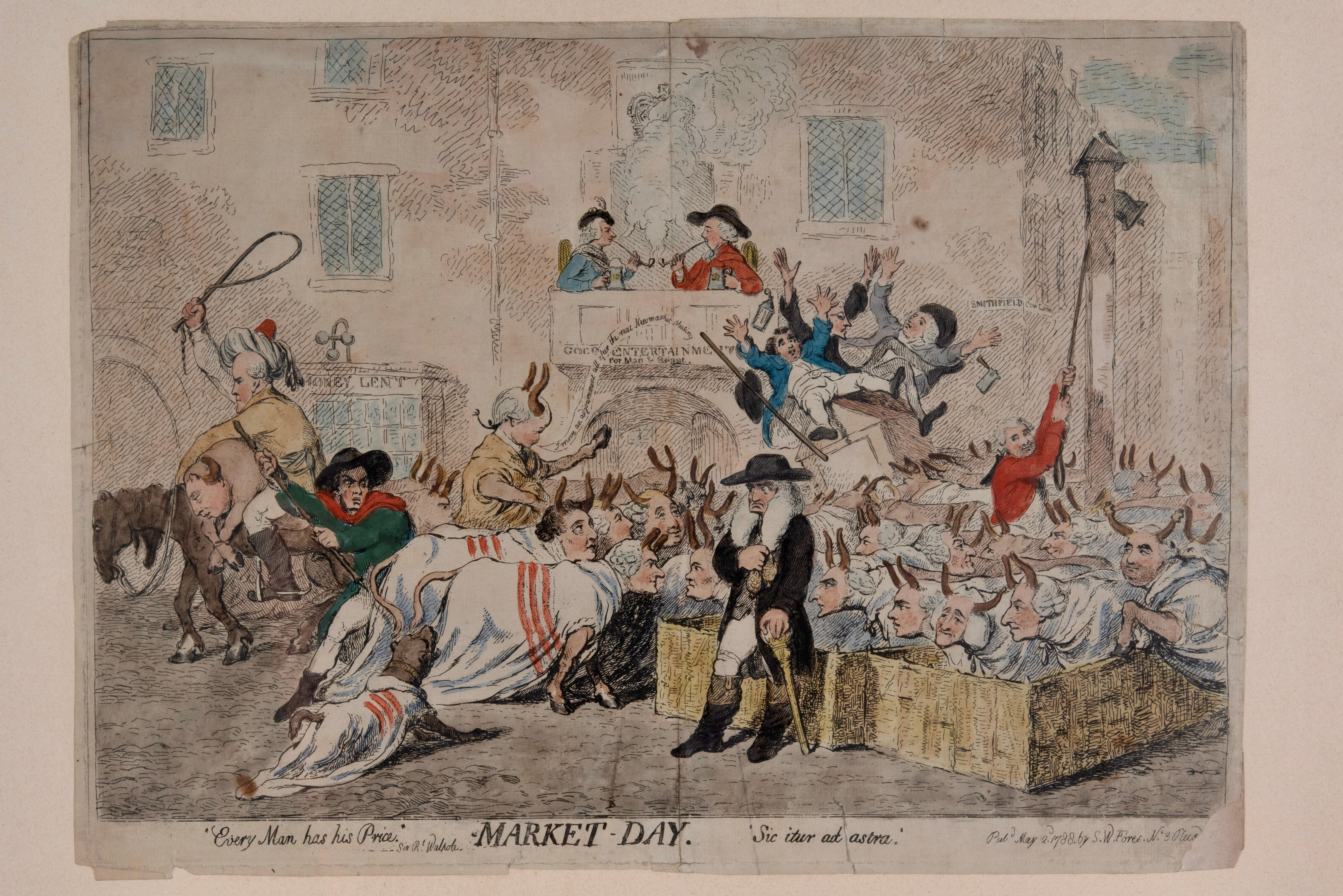 Samuel William Fores 1761 - 1838
Hand-coloured satirical etching
In 1783, Samuel Fores founded a business as a printseller. He specialised in hand-coloured, singly issued satirical prints or caricatures, and became one of London's leading