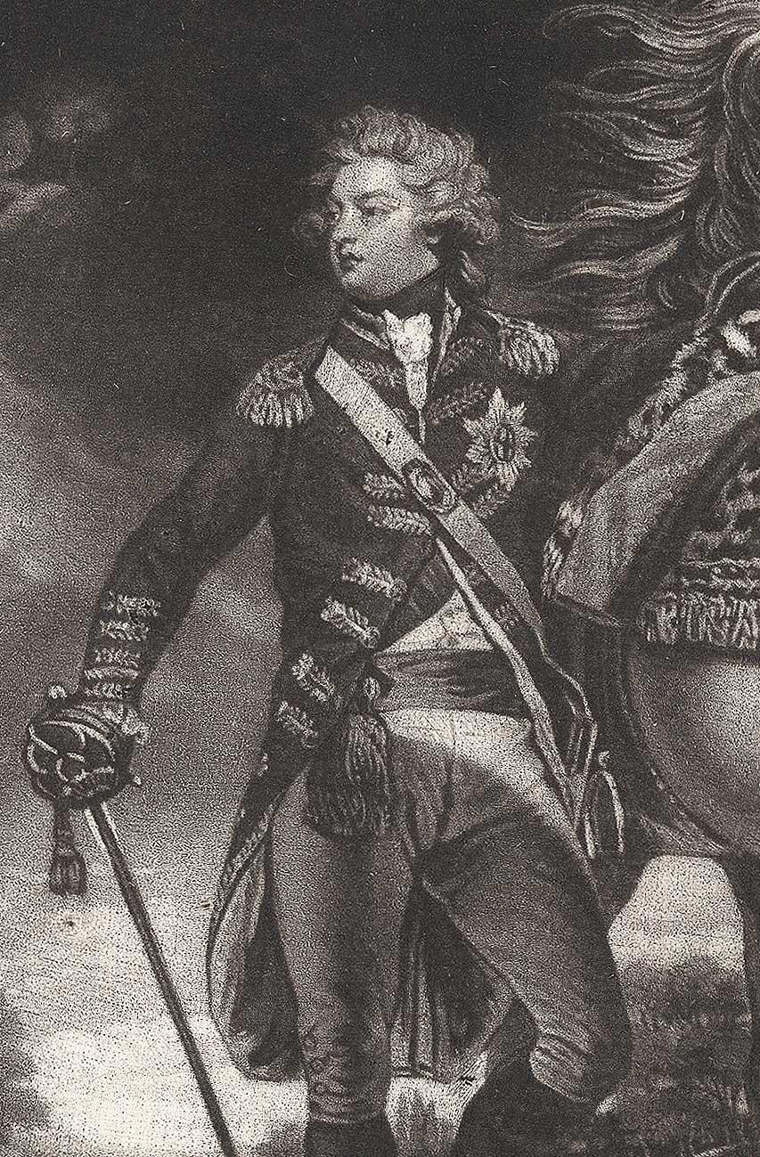 George, Prince of Wales (sword drawn standing by his trusty steed) - Print by Samuel William Reynolds