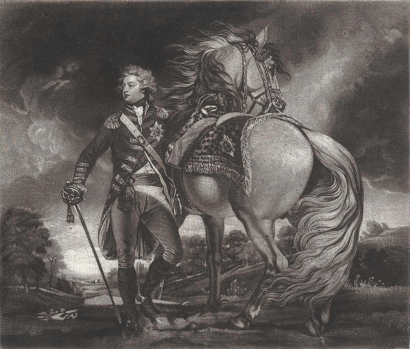 Samuel William Reynolds Figurative Print - George, Prince of Wales (sword drawn standing by his trusty steed)