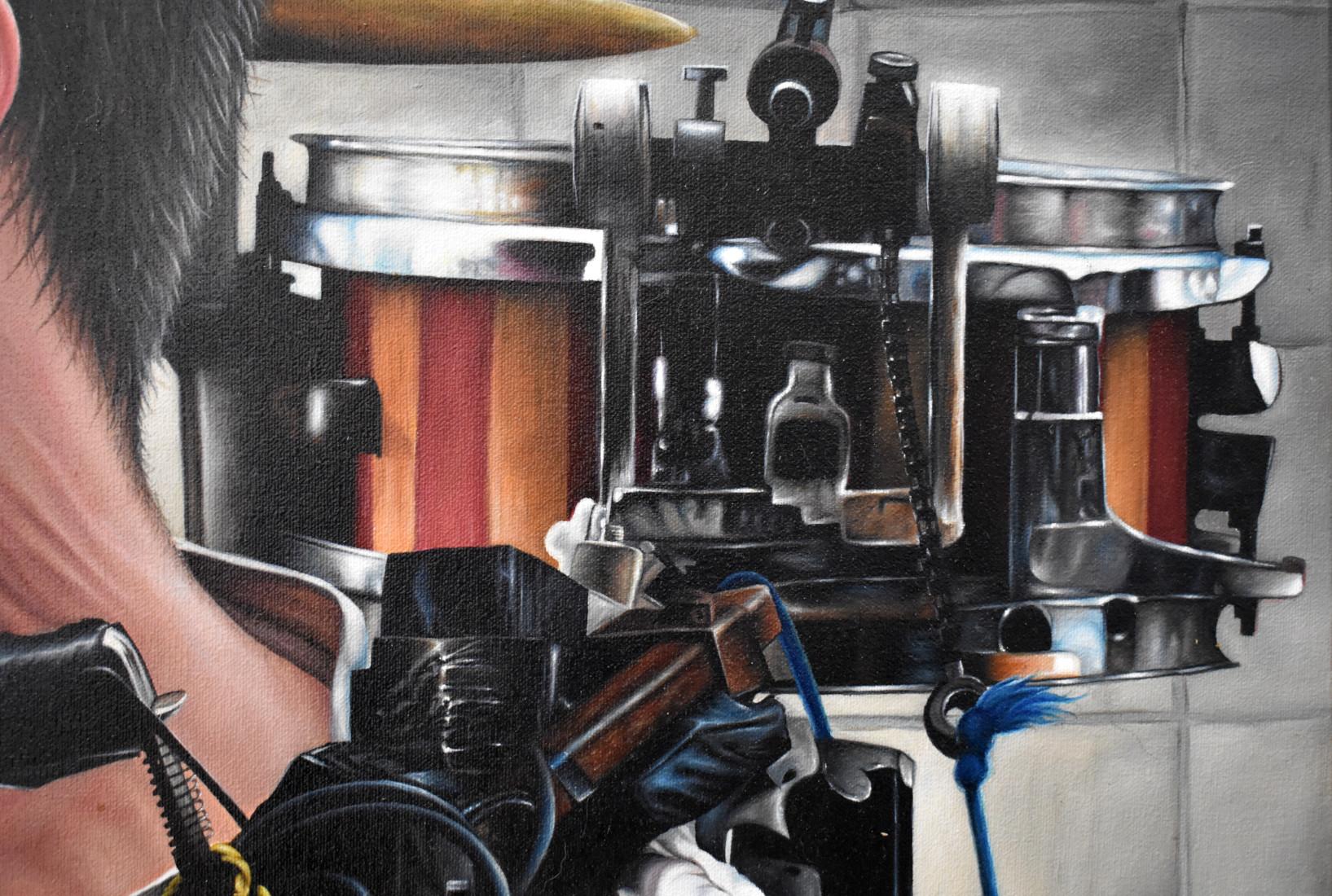 „American Busker“ Street Performer in San Francisco, Kalifornien – Painting von Samuel Wilson