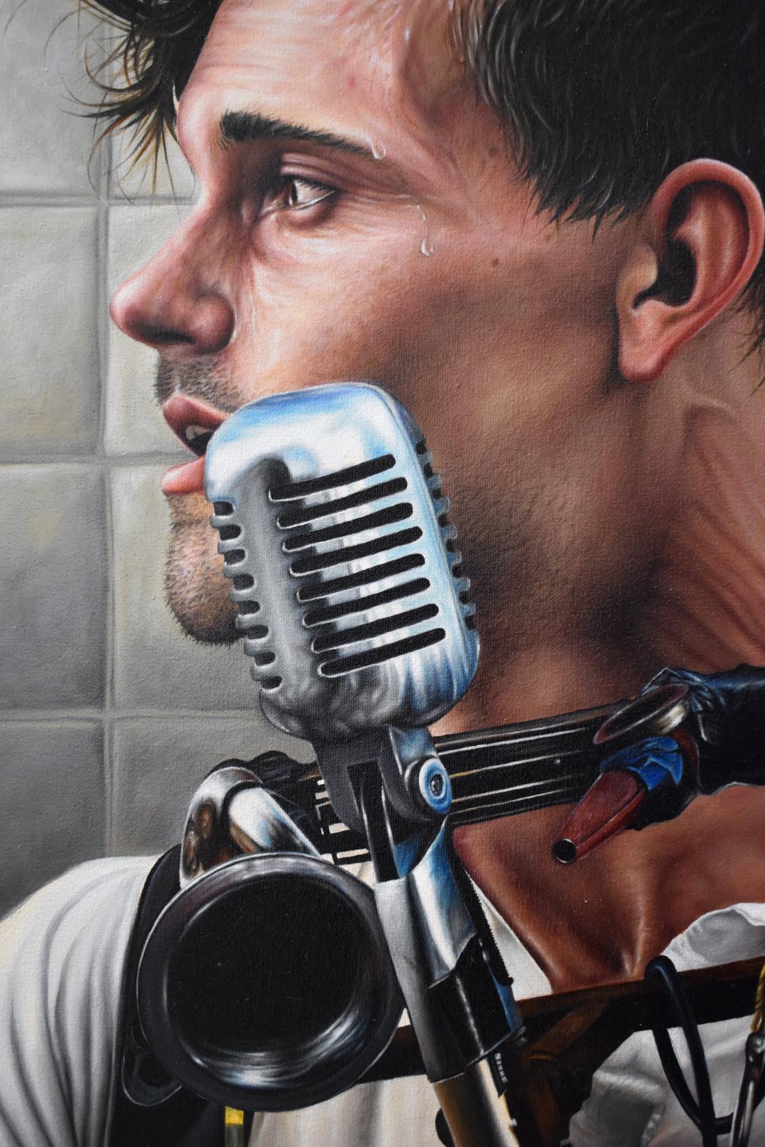 „American Busker“ Street Performer in San Francisco, Kalifornien (Amerikanischer Realismus), Painting, von Samuel Wilson