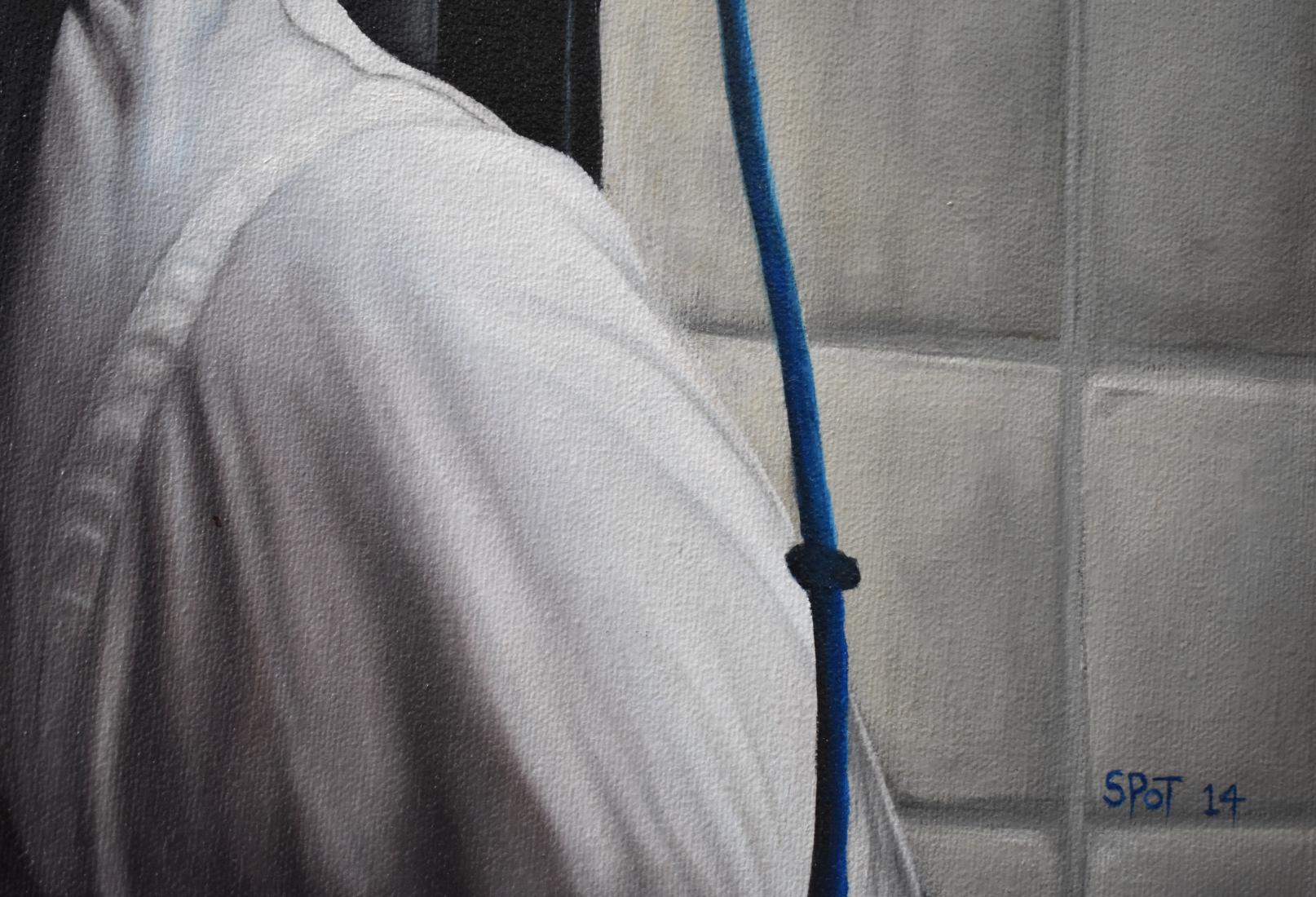 „American Busker“ Street Performer in San Francisco, Kalifornien (Grau), Portrait Painting, von Samuel Wilson