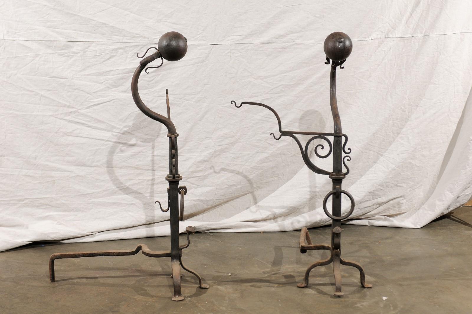 Samuel Yellin Style Pair of 20th Century Jumbo Iron Andirons with Cooking Arms For Sale 2