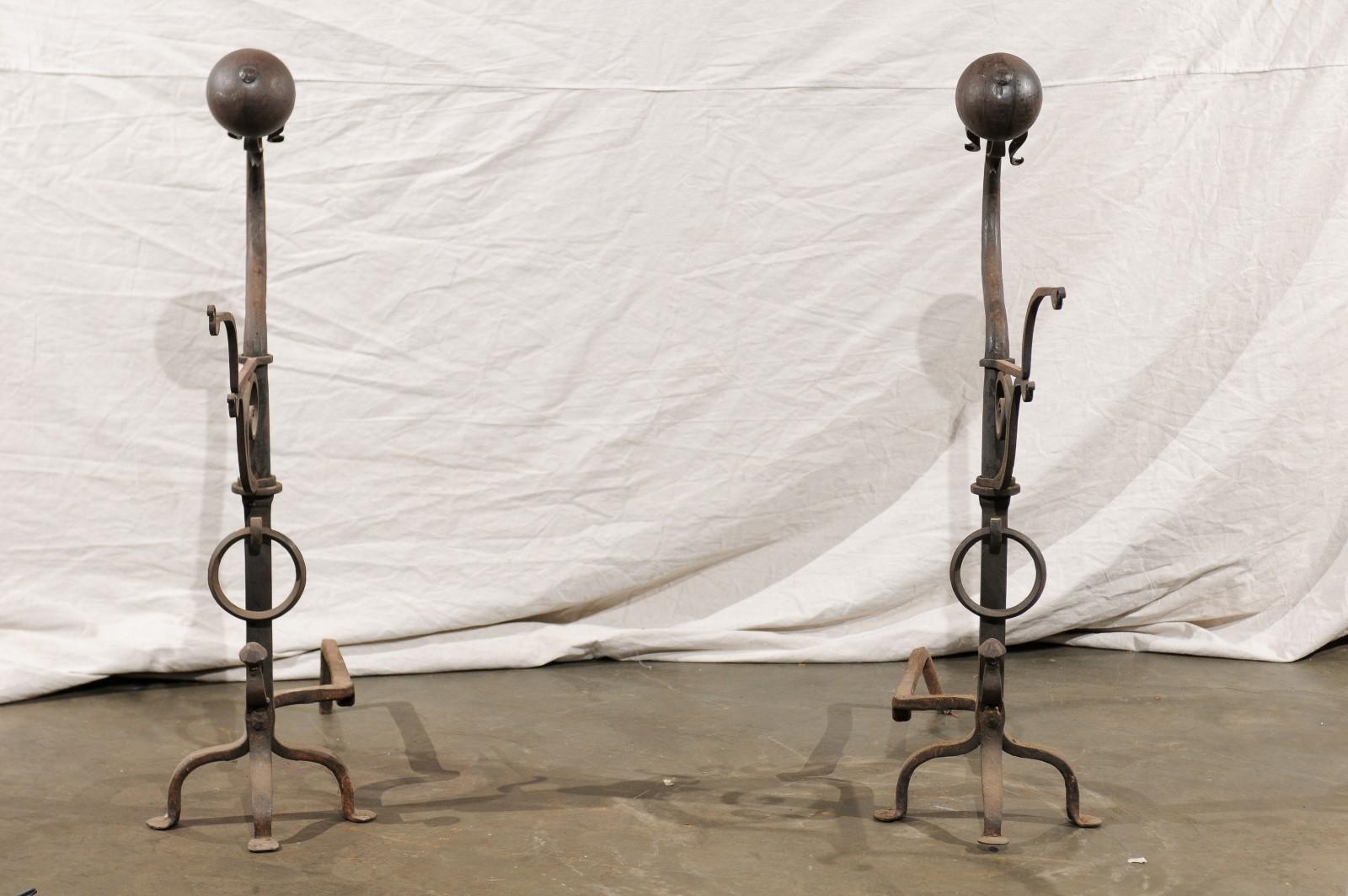 Samuel Yellin Style Pair of 20th Century Jumbo Iron Andirons with Cooking Arms For Sale 3