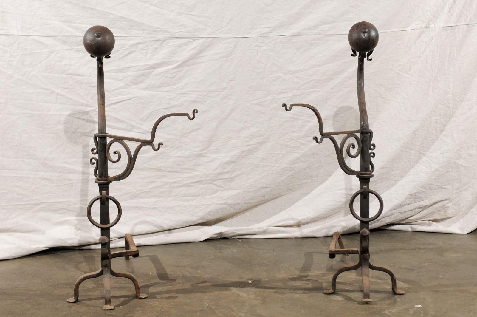 Samuel Yellin Style Pair of 20th Century Jumbo Iron Andirons with Cooking Arms For Sale 4