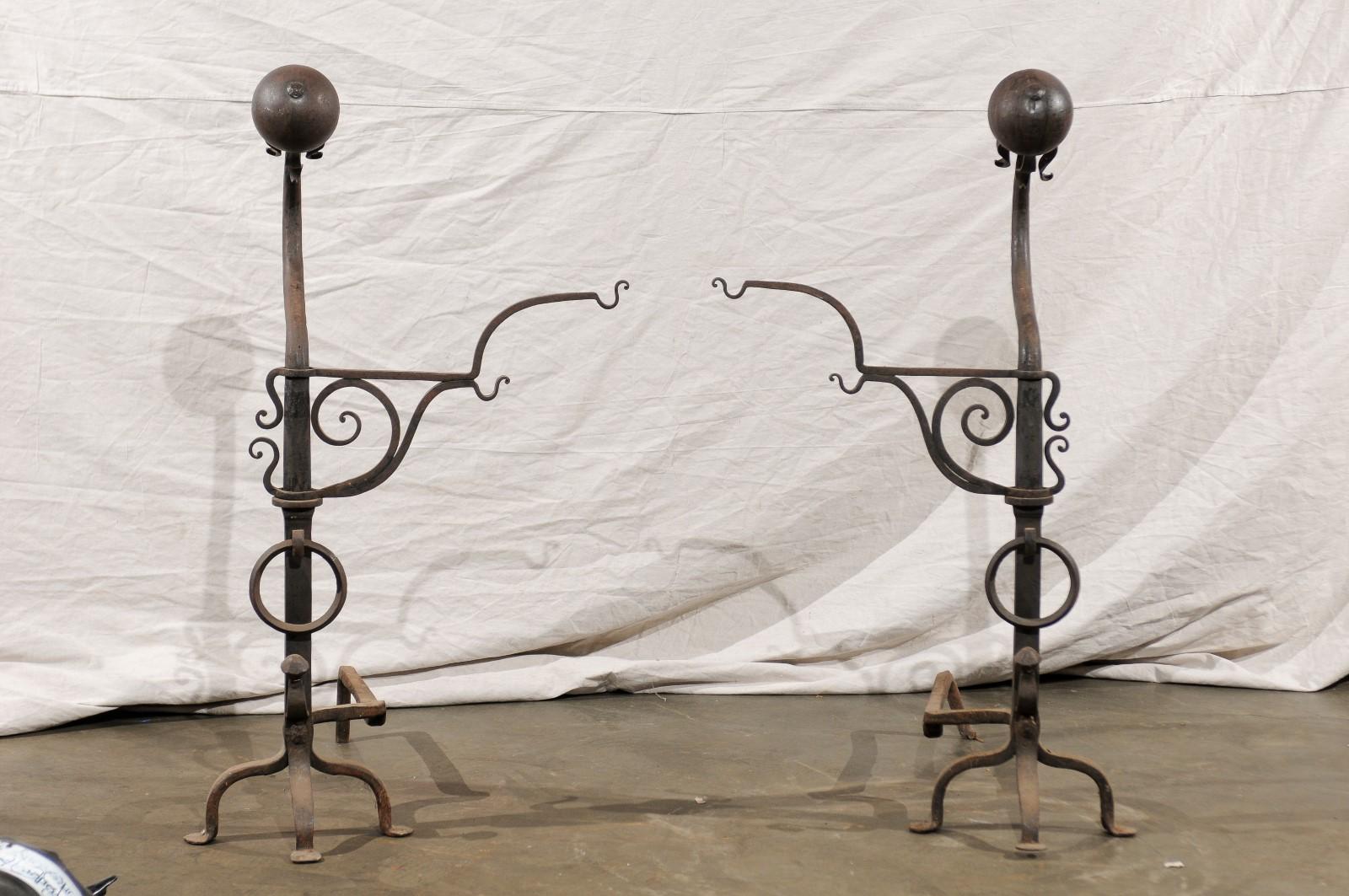 Samuel Yellin Style Pair of 20th Century Jumbo Iron Andirons with Cooking Arms For Sale 5