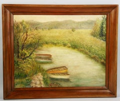 Vintage Landscape Oil Painting Boats at Rivers Edge