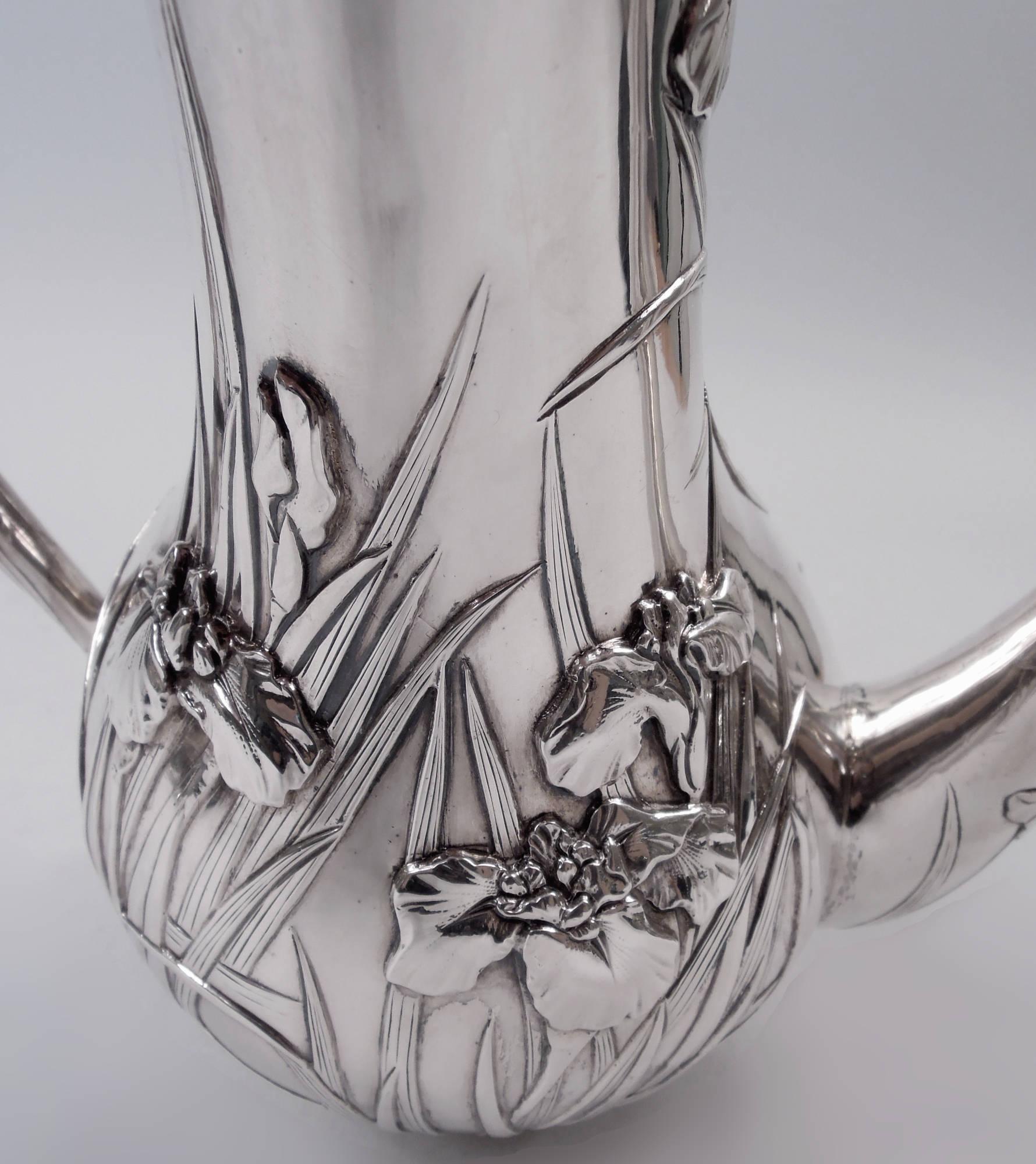 Samurai Shokai Japanisch Meiji Jugendstil Silber Iris Blume Kaffeekanne im Angebot 3