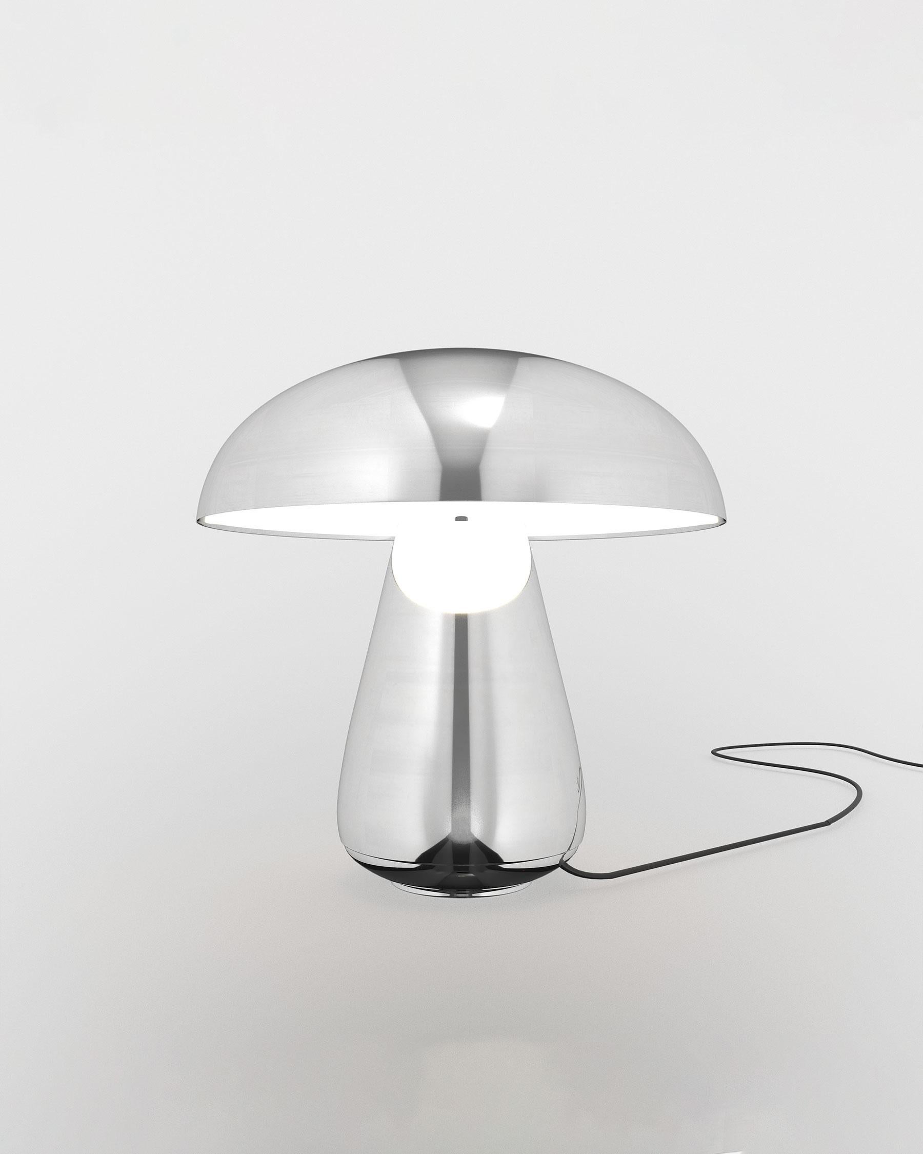San Andrés Table Lamp by Ehécatl Moreno
Dimensions: D 42 x W 42 x H 42 cm.
Materials: Chrome-plated steel, acrylic.

Lamp made of chrome-plated steel and acrylic diffuser. It turns on and off by a touch sensor dimmable with 3 levels of intensity.