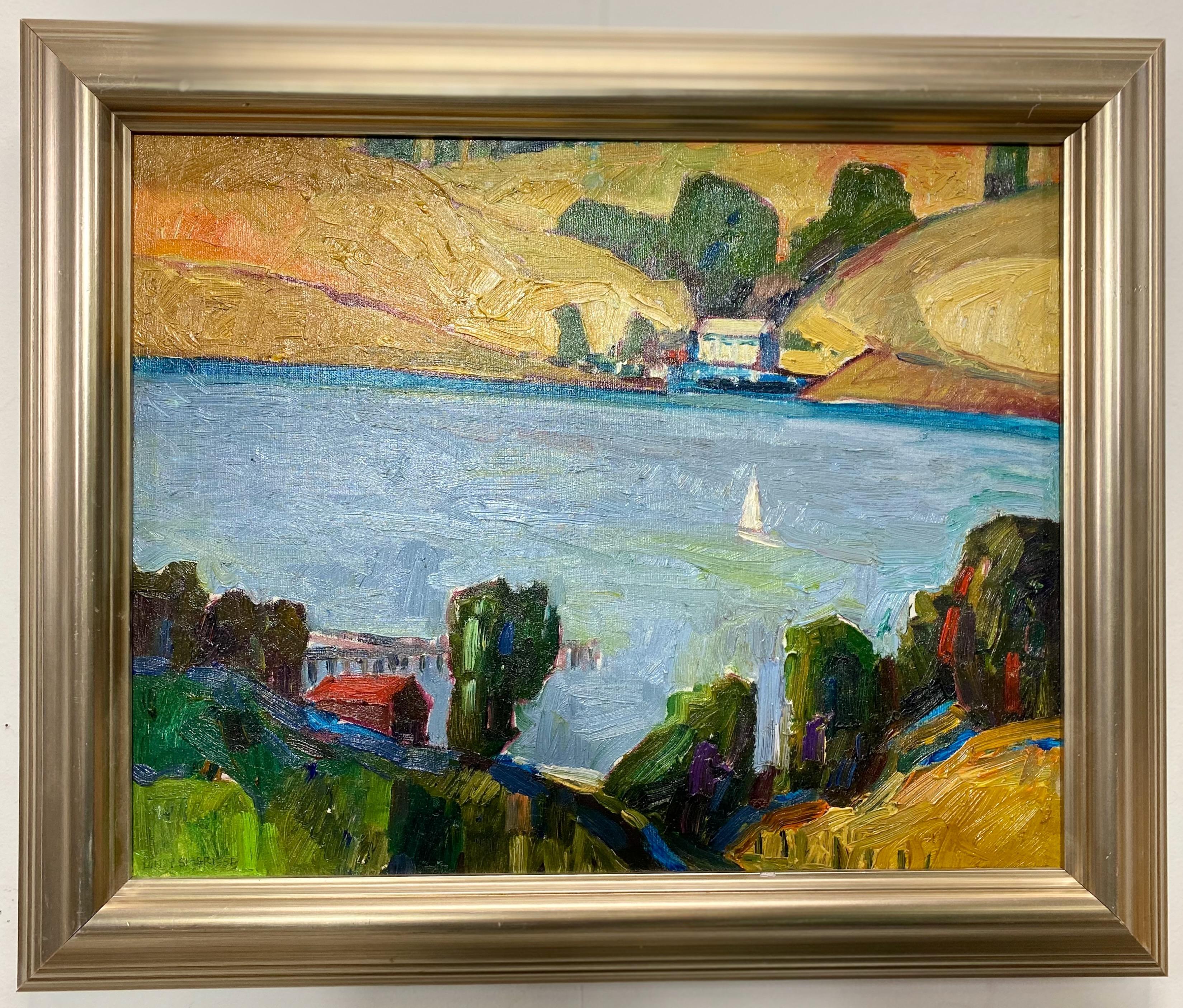 Expressionist or Fauvist style coastal landscape painting of the Carquinez Straits at the northern end of San Francisco Bay where the Sacramento River meets the bay.
Oil on canvas, signed Lundy Siegriest, having the original exposition label on the