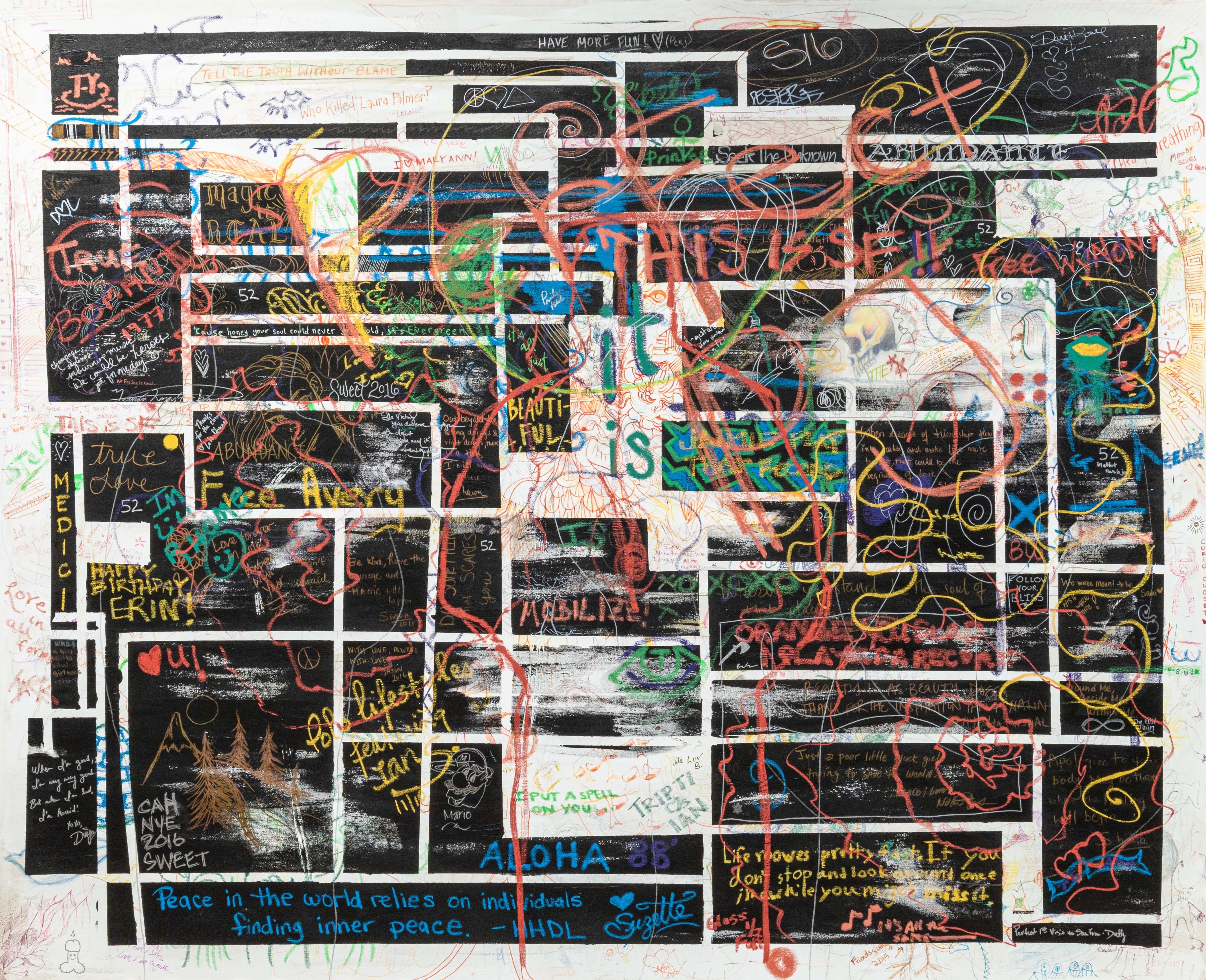 A contemporary mixed-media painting on linen signed by various San Francisco creatives and societies. Circa 2000s. From the personal collection of Interior Designer, Ian Stallings - an entrepreneurial visionary years of experience leveraging talent,