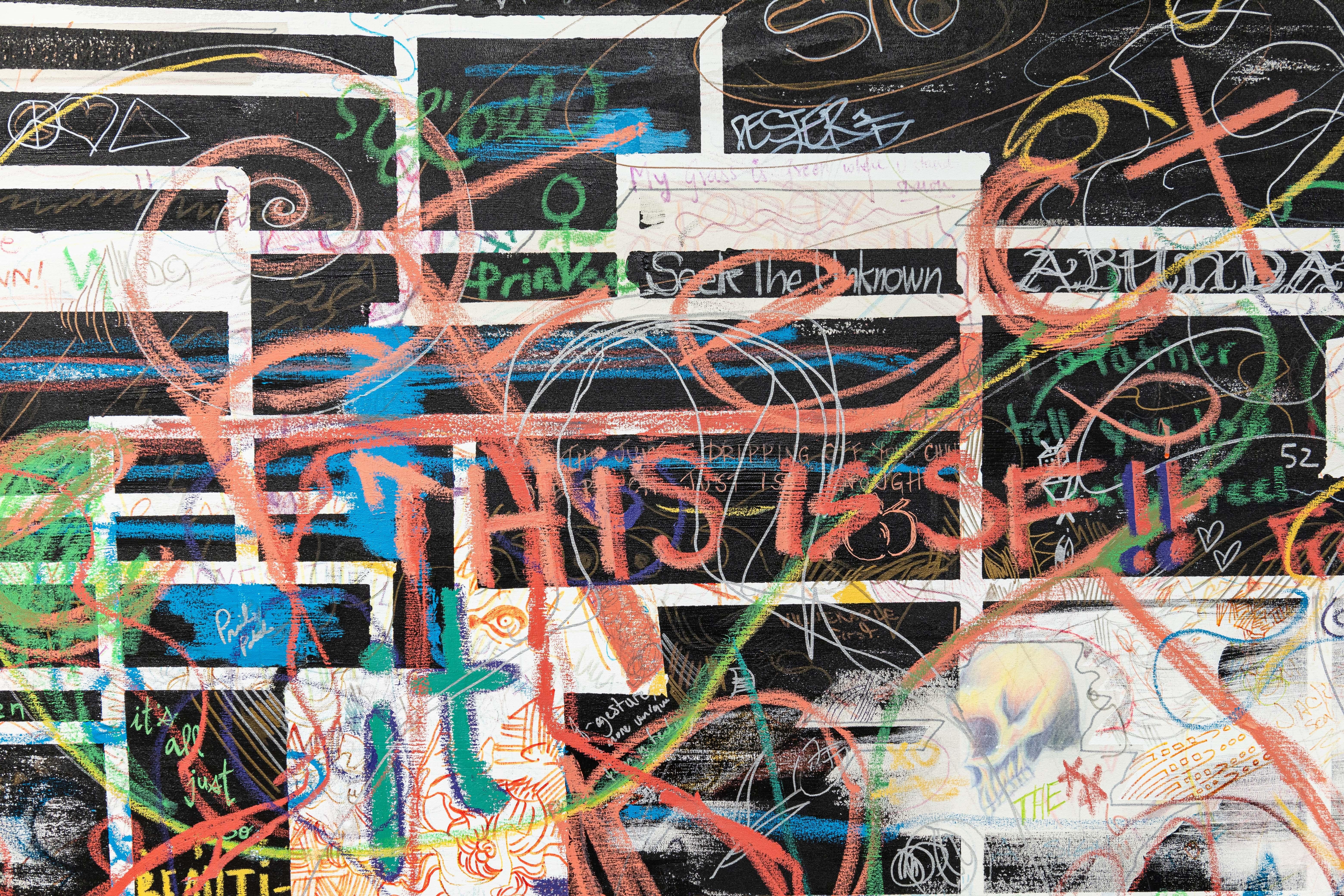 San Francisco CA Artist Collective Signed Mixed-Media Painting on Linen 2000s In Good Condition For Sale In Keego Harbor, MI