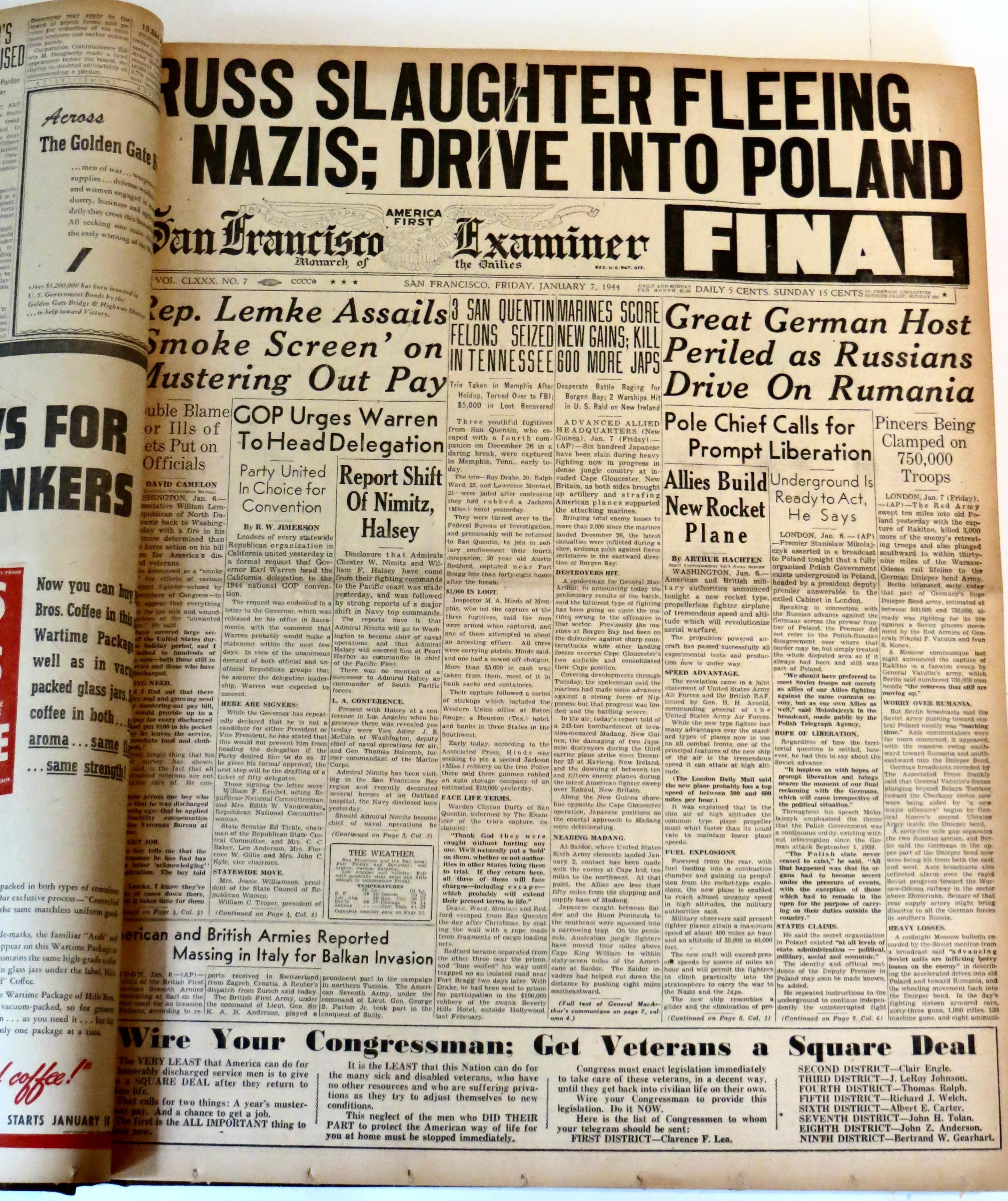 Newspapers of San Francisco Examiner for janvier 1944 dans un livre relié rigide (complété) en vente 2