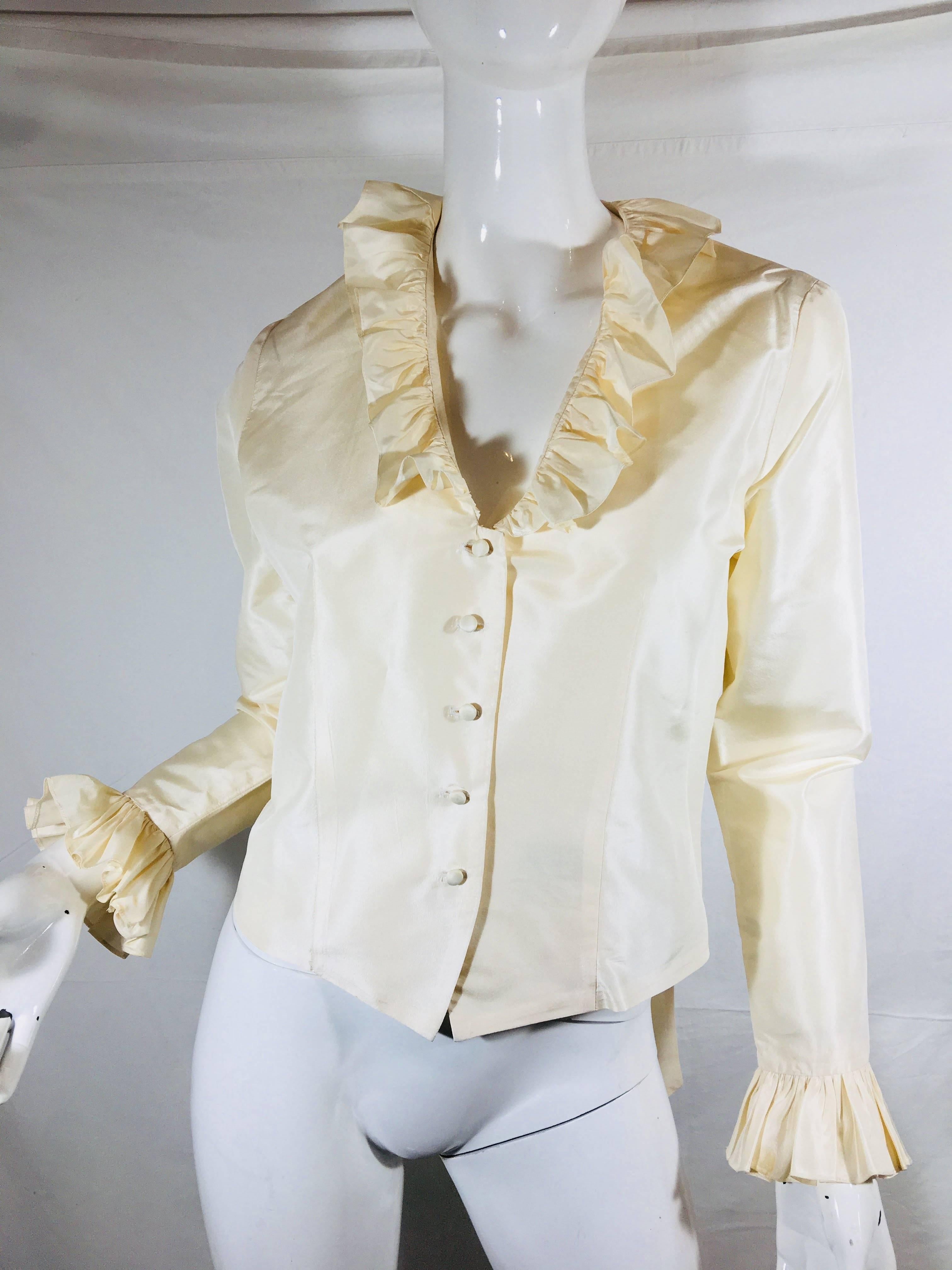 San Francisco Silk Button Up Blouse with Ruffle Collar and Cuffs and Tie Back.