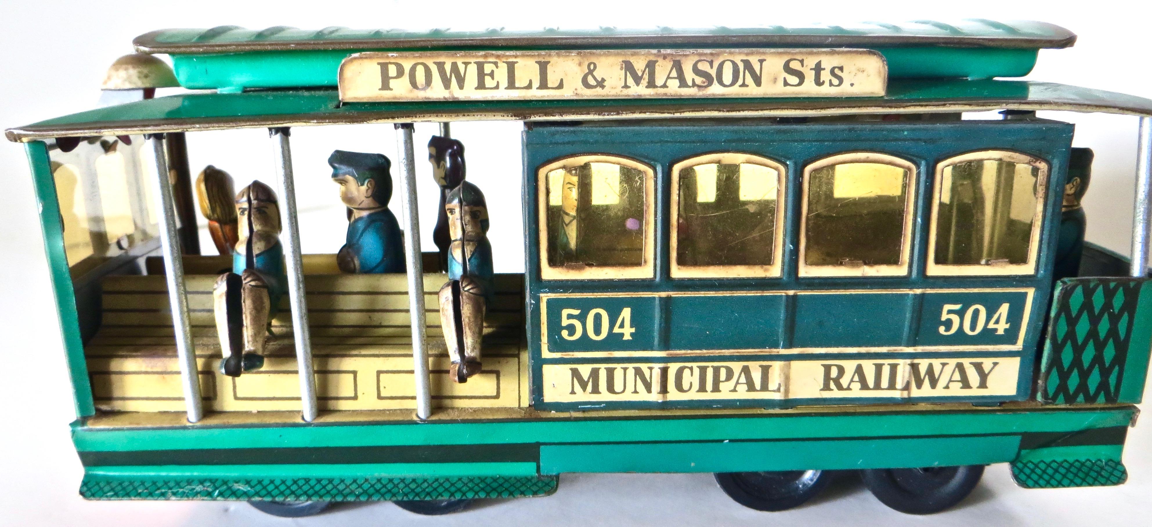 San Francisco trolley toy Friction cable car; made of all tin; important to note because this was the first of it's kind having been made in the 1950s. They were all tin (no plastic); 7 1/4