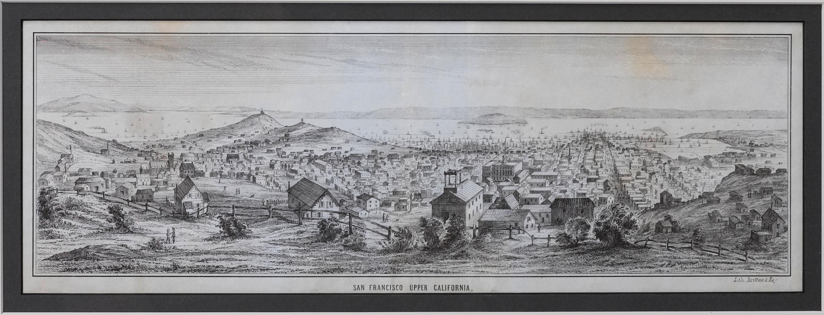 Dies ist eine malerische Briefbogenansicht der Stadt und des Hafens von San Francisco. Diese Lithografie wurde 1851 von den berühmten Lithografen Britton & Rey auf grauem Velin gedruckt, und zwar auf einem Doppelbogen.

Das Bild zeigt eine Ansicht