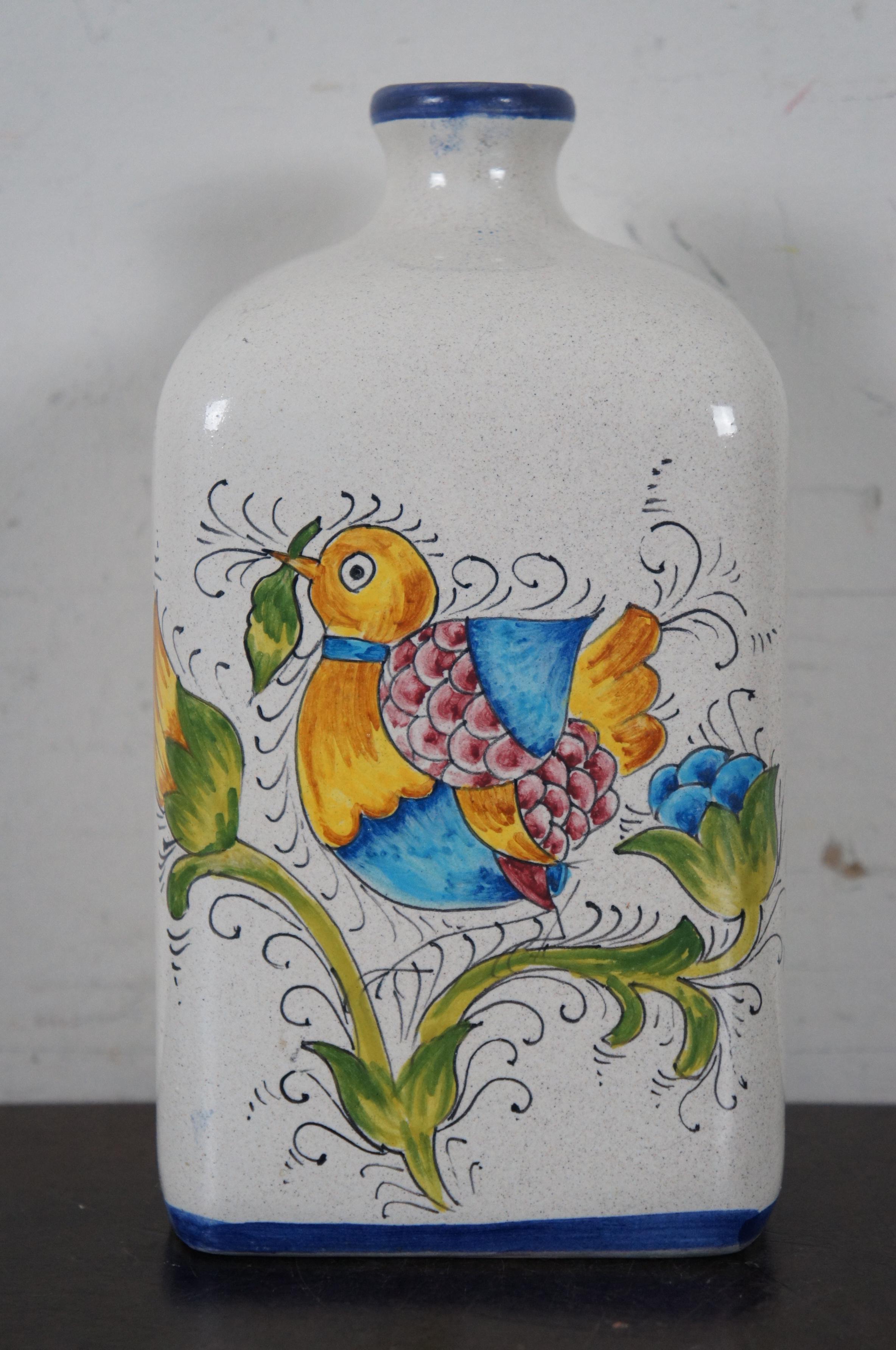 Pottery San Gimignano Italy Porcelain Hand Painted Folk Art Bird Flower Bottle Jug