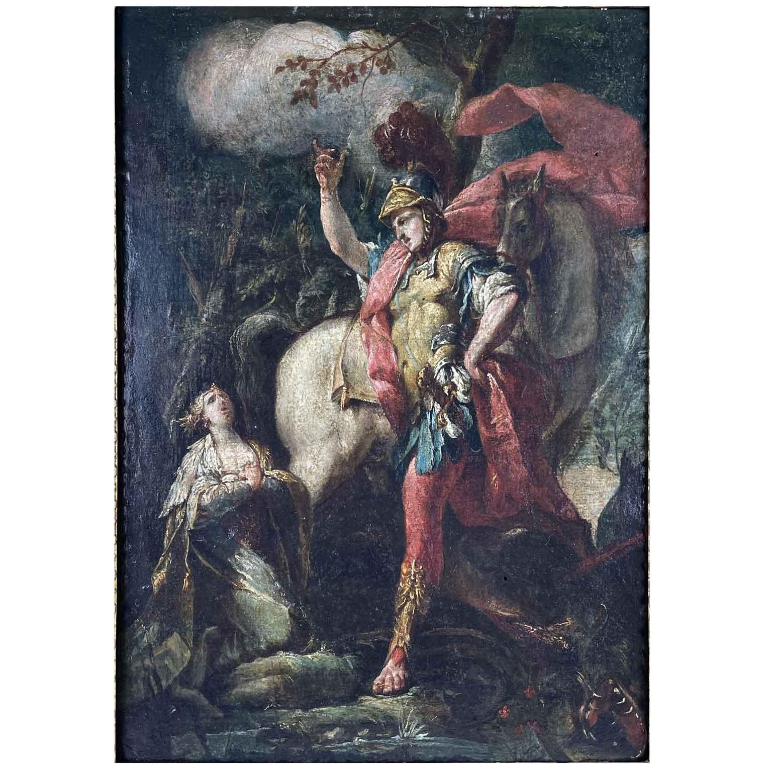 San Giorgio Ed Il Drago inizi 1700 dipinto ad olio su tavola di rovere, eseguito  all’inizio del secolo XVIII, di scuola italiana, area settentrionale. Il dipinto antico ritrae il santo  sceso da cavallo dopo aver domato il drago mostruoso che